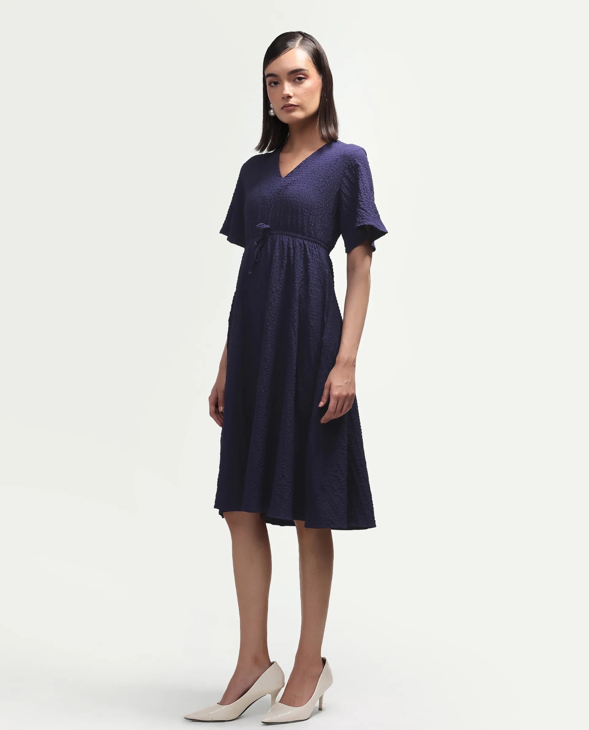 Rareism Women's Vondien Navy Polyester V-Neck Flared Plain Dress