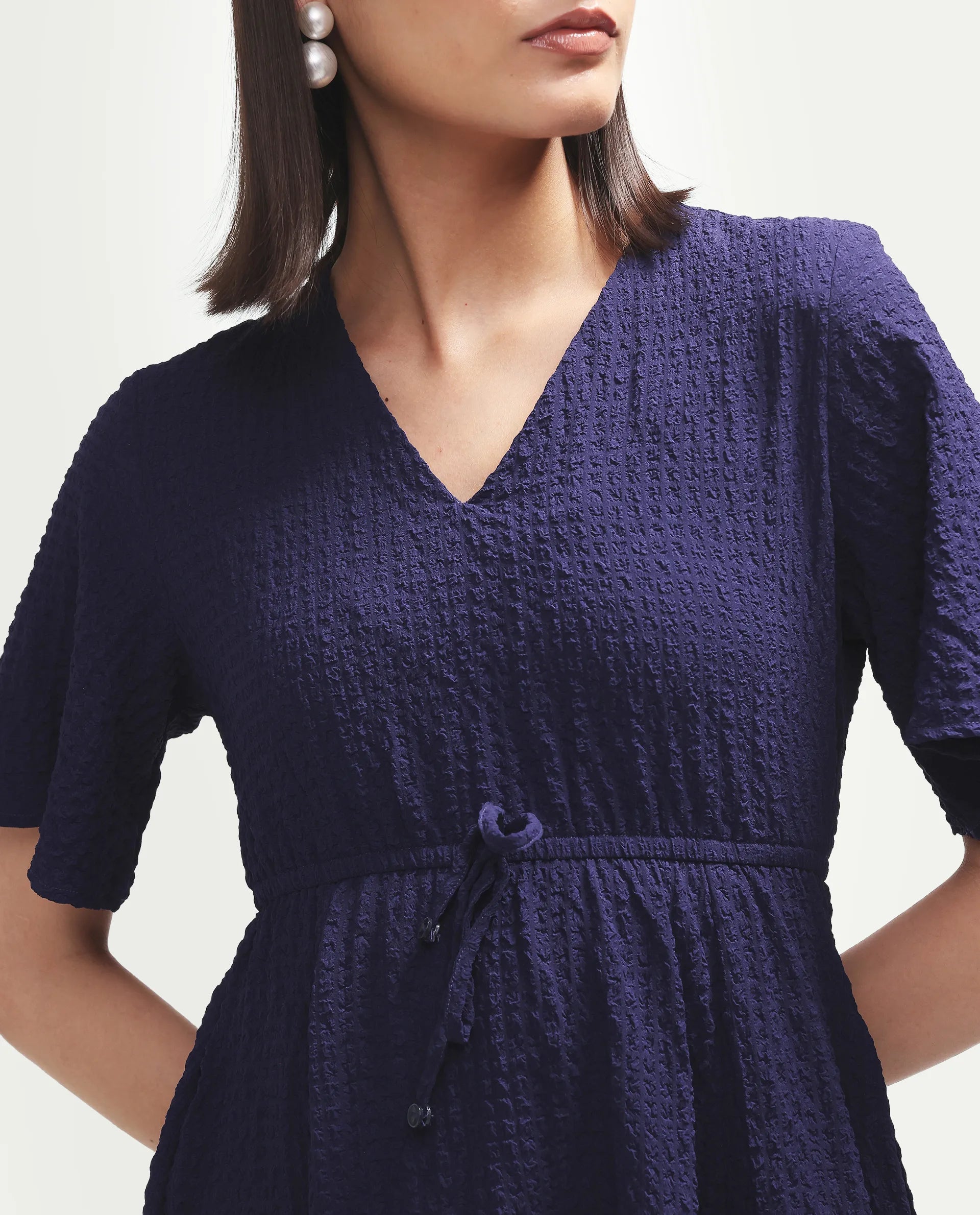 Rareism Women's Vondien Navy Polyester V-Neck Flared Plain Dress