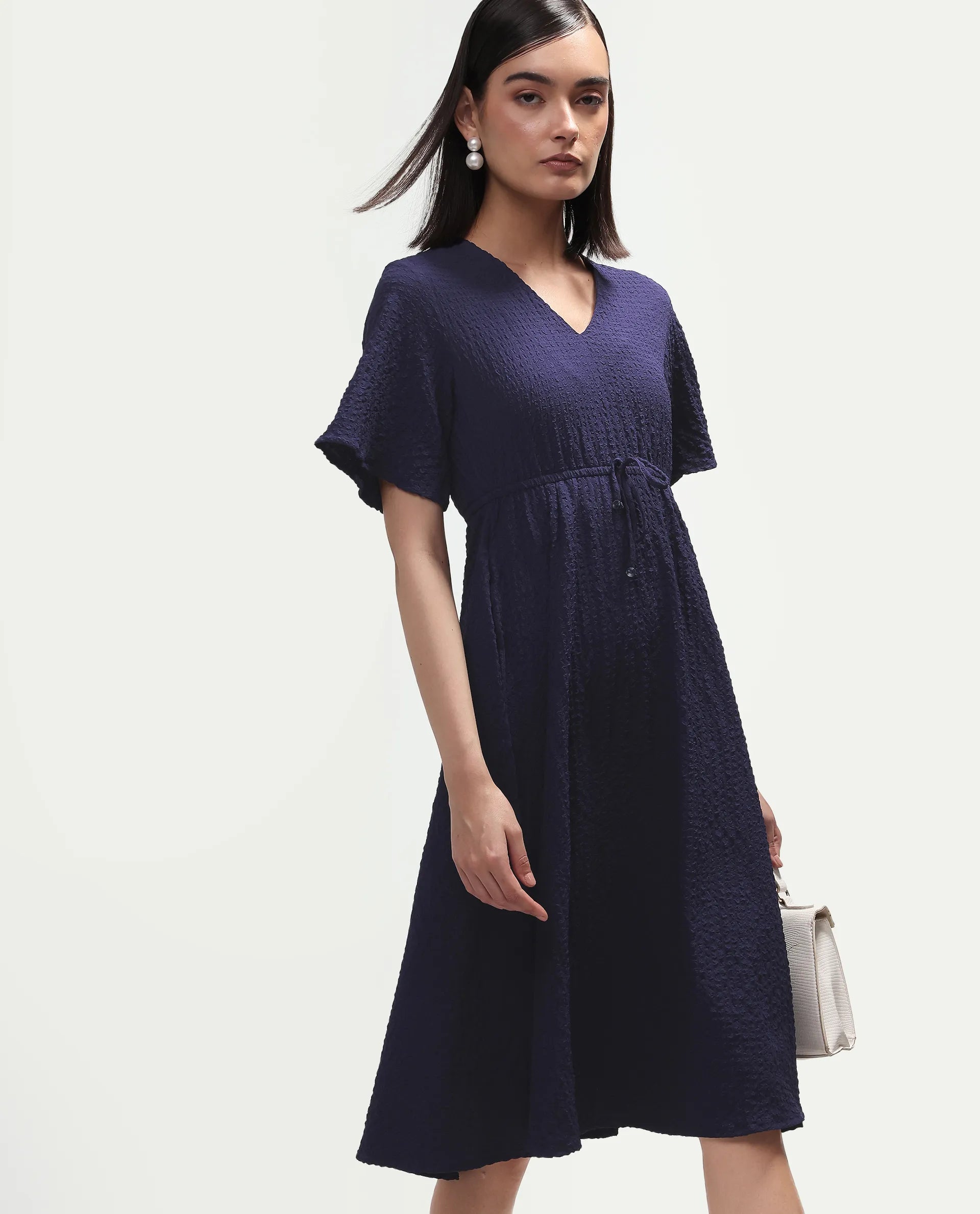 Rareism Women's Vondien Navy Polyester V-Neck Flared Plain Dress
