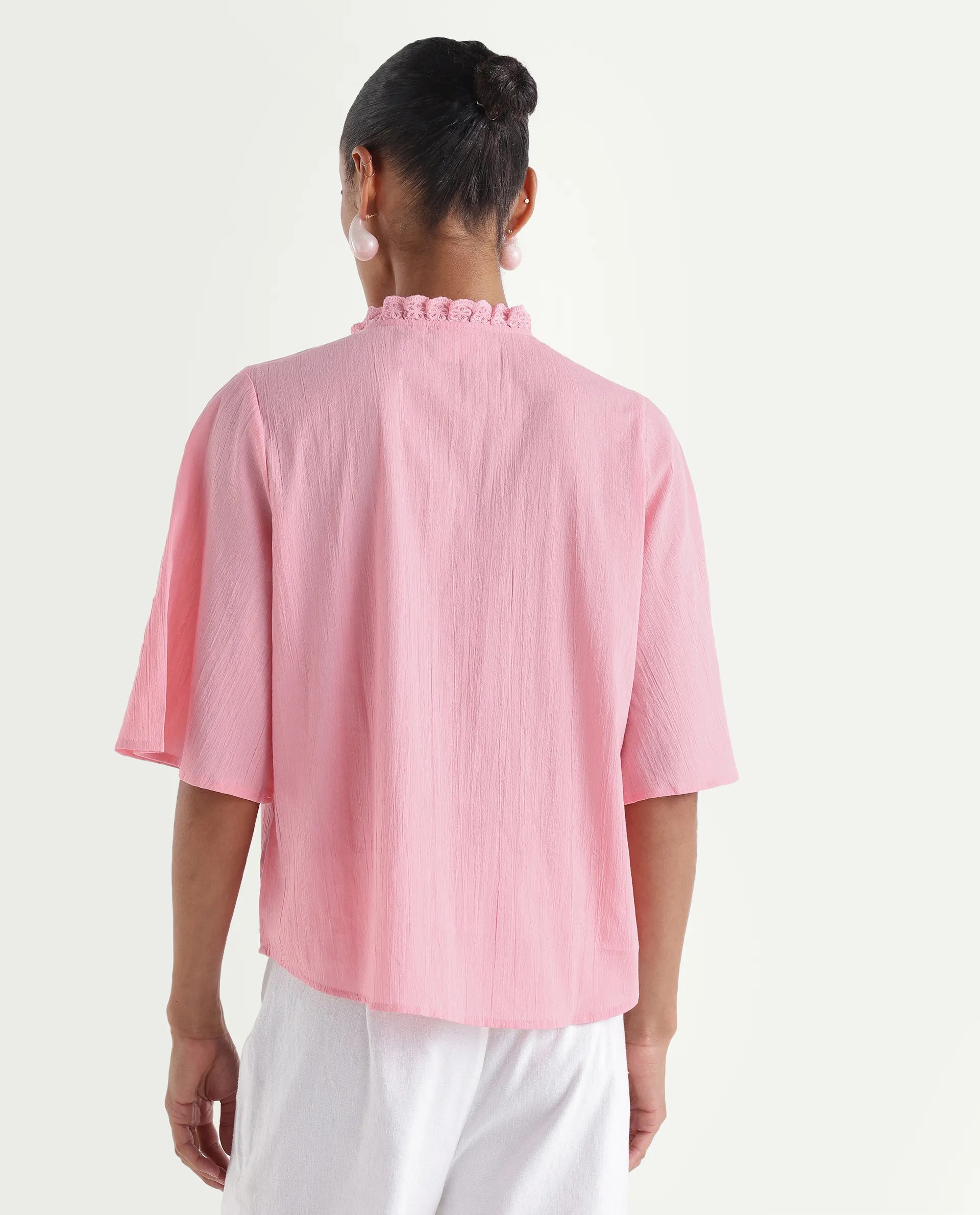 Rareism Women's Velpa Pink Cotton Ruffled Neck Relaxed Plain Top