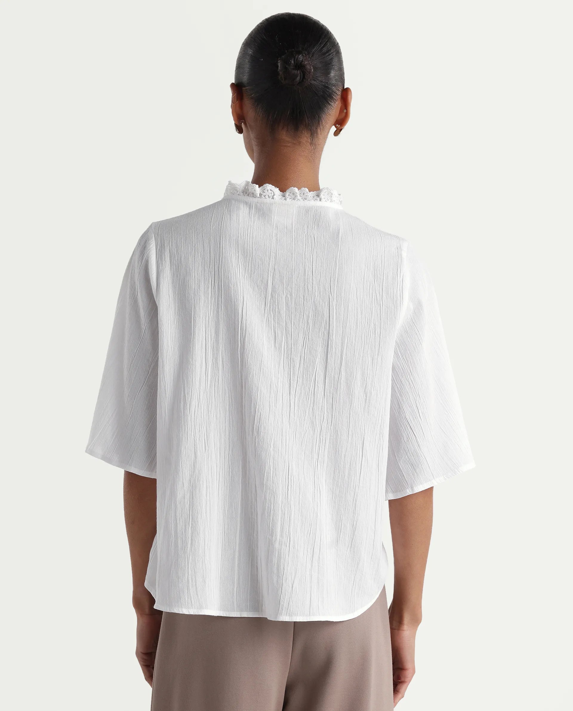 Rareism Women's Velpa White Cotton Ruffled Neck Relaxed Plain Top