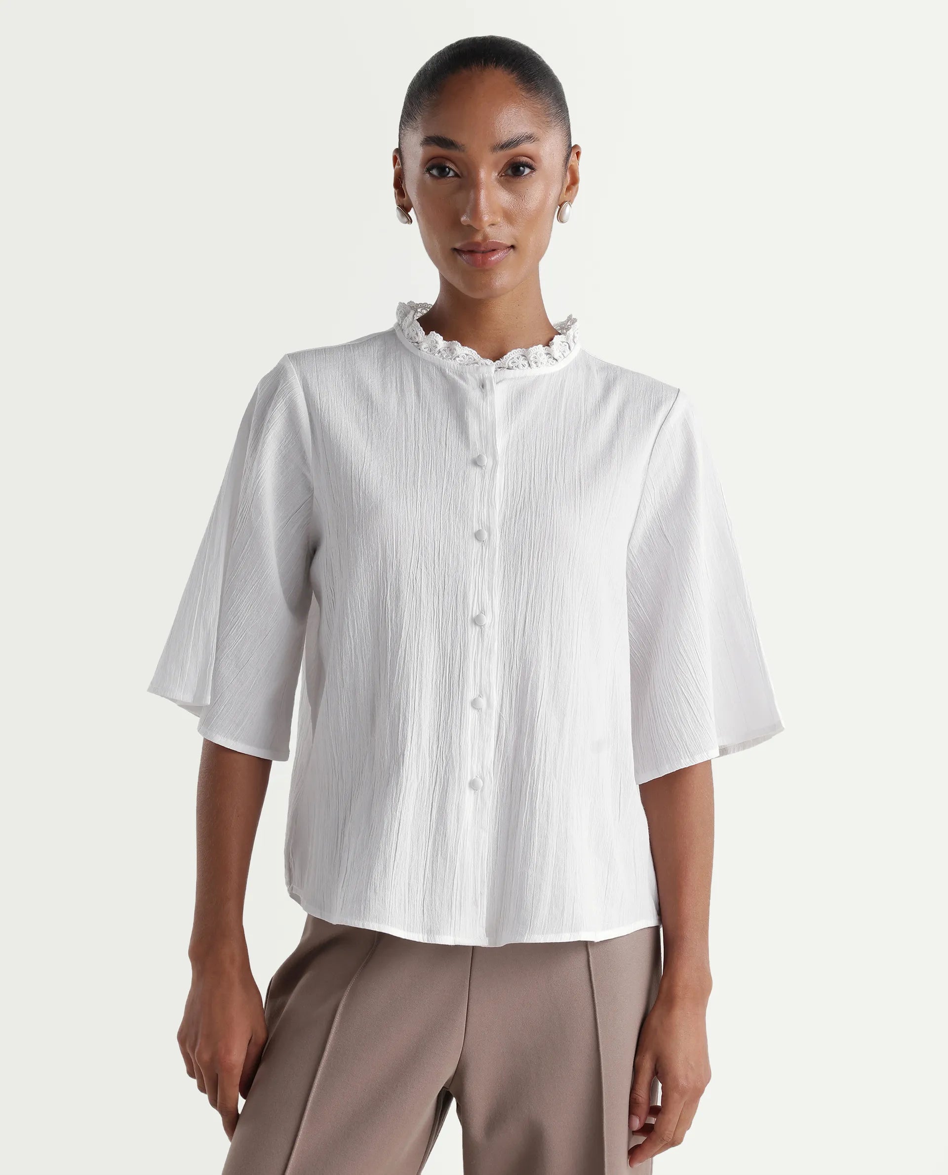 Rareism Women's Velpa White Cotton Ruffled Neck Relaxed Plain Top