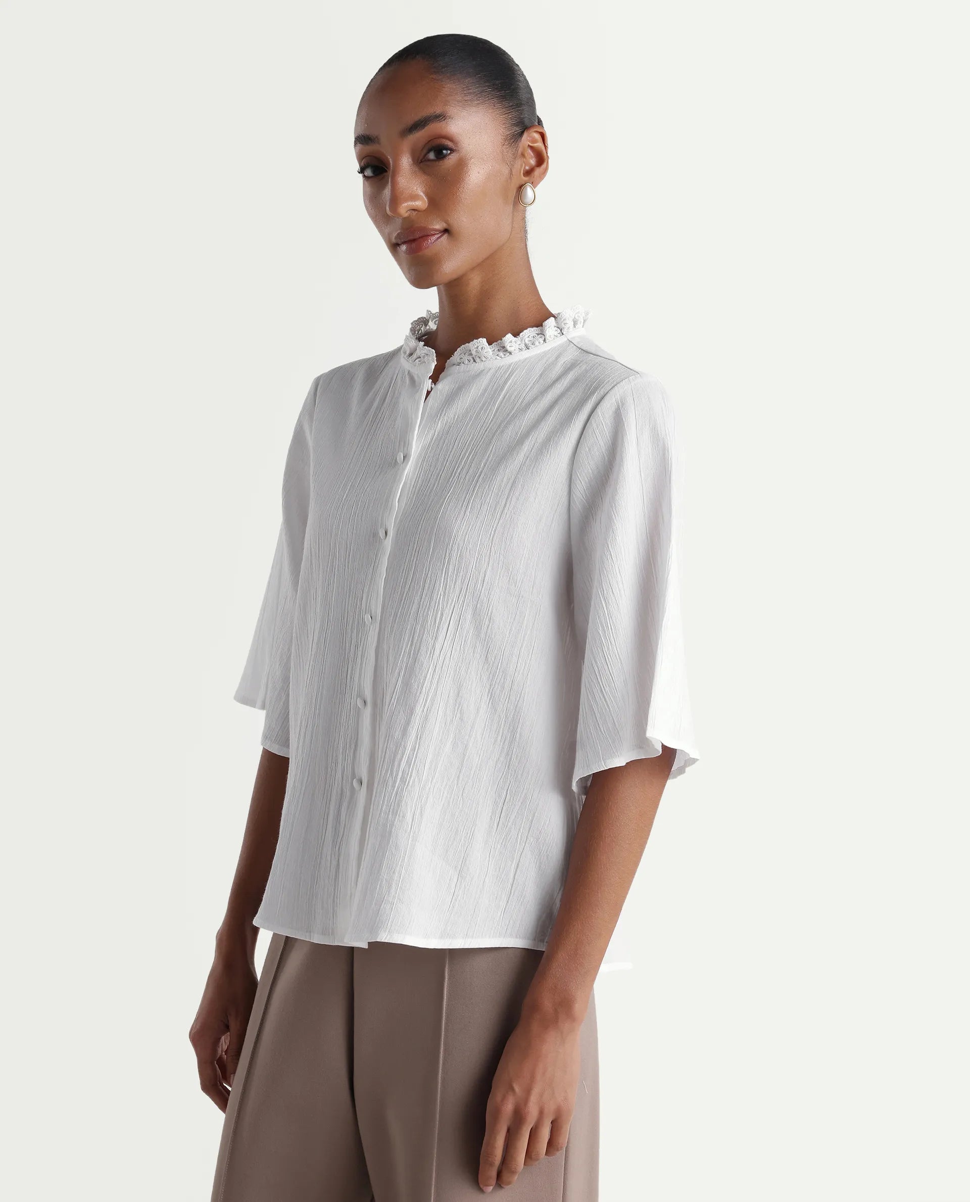Rareism Women's Velpa White Cotton Ruffled Neck Relaxed Plain Top