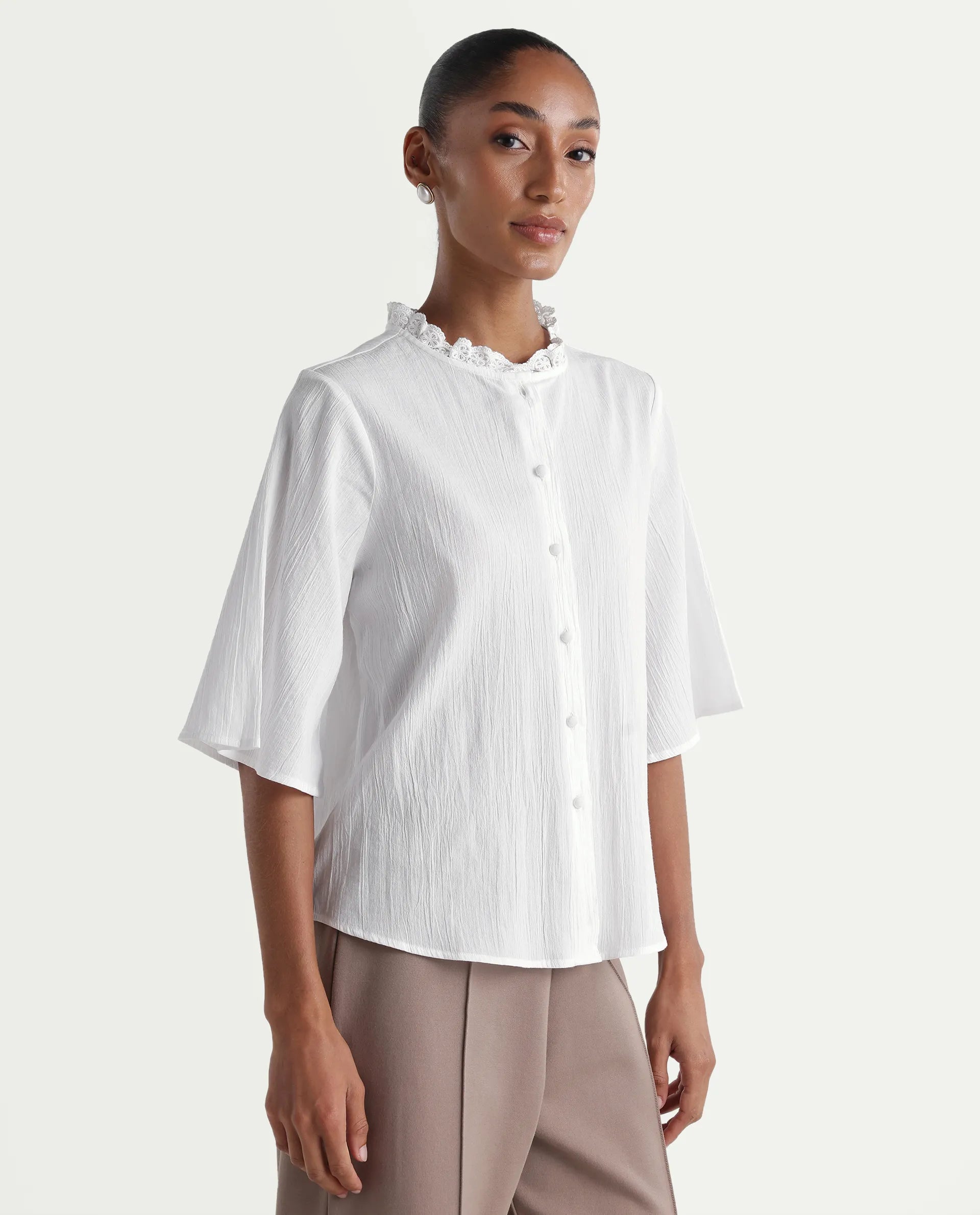 Rareism Women's Velpa White Cotton Ruffled Neck Relaxed Plain Top