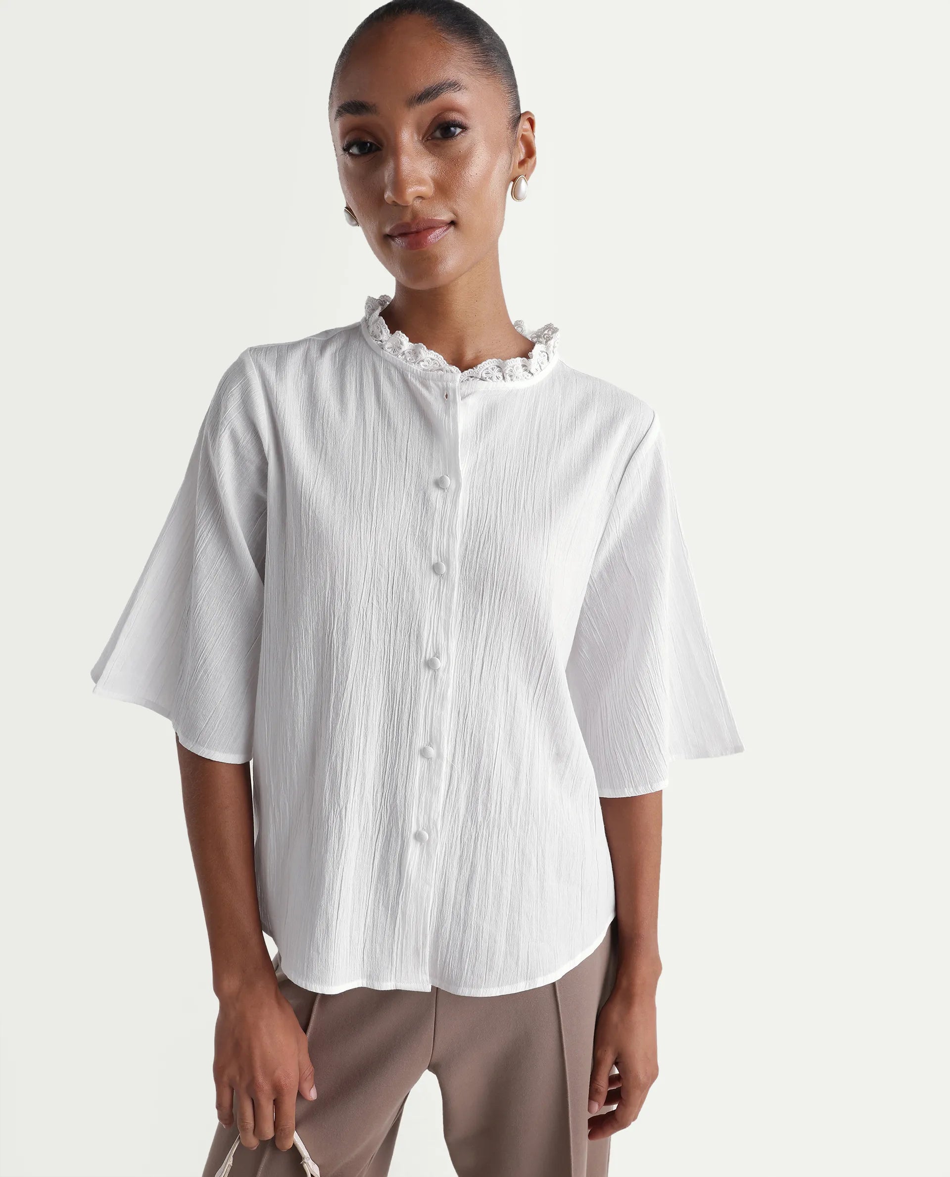 Rareism Women's Velpa White Cotton Ruffled Neck Relaxed Plain Top