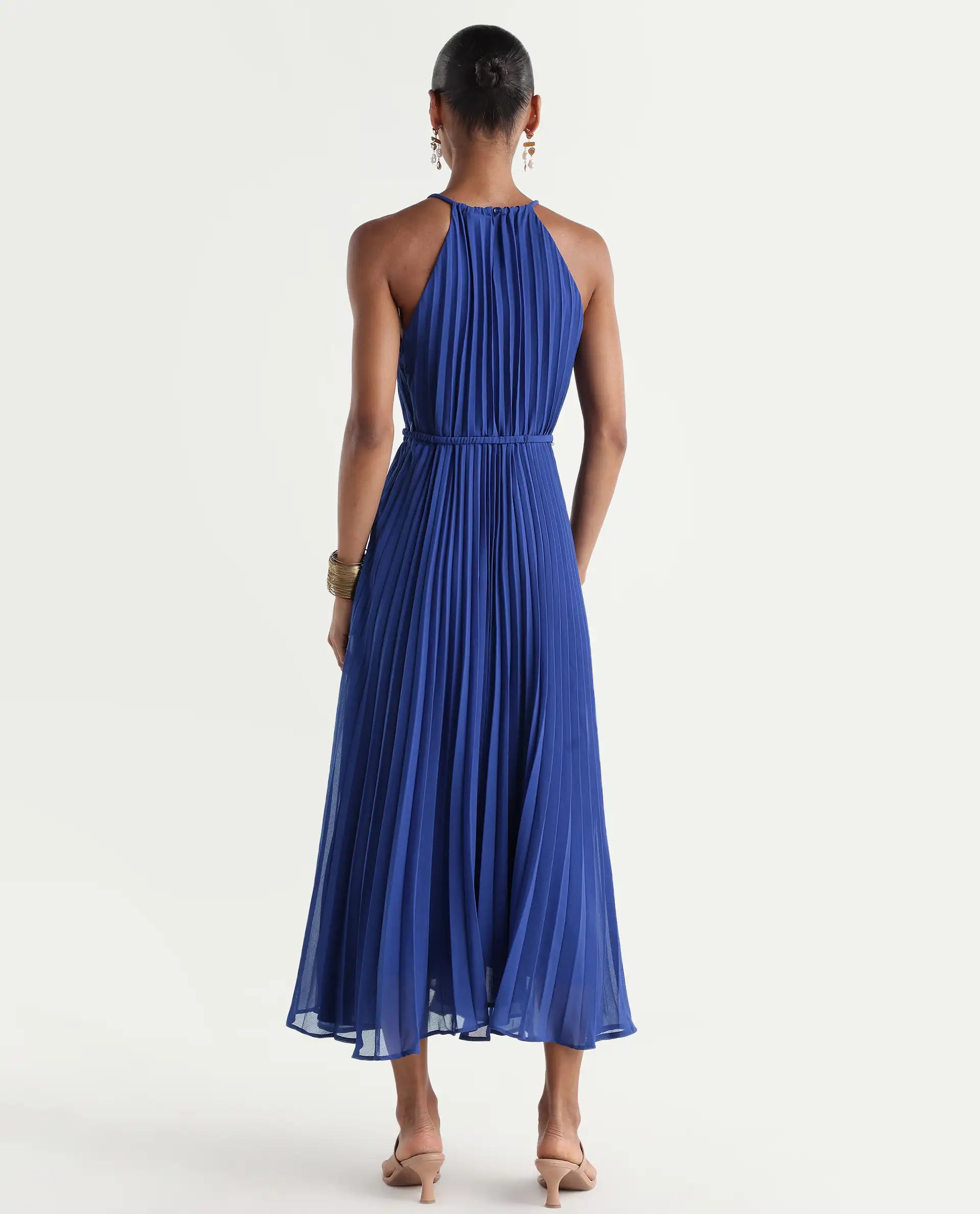 Rareism Women's Keplet Blue Polyester Halter Neck A-Line Plain Dress