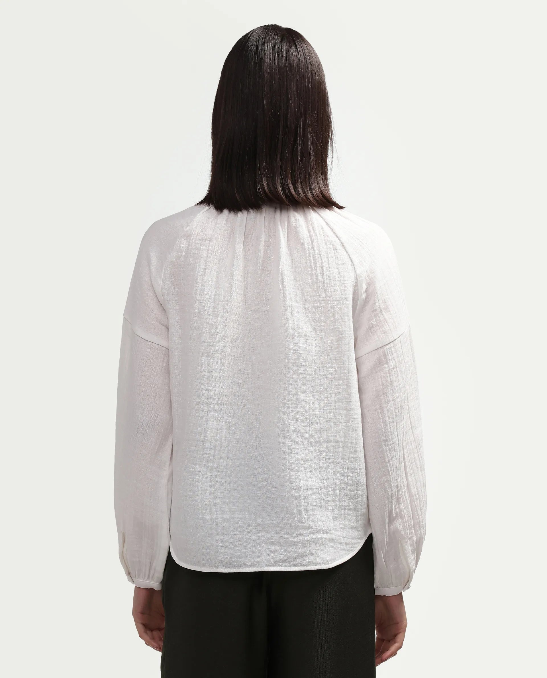 Rareism Women's Rudin White Cotton Band Collar Relaxed Plain Top
