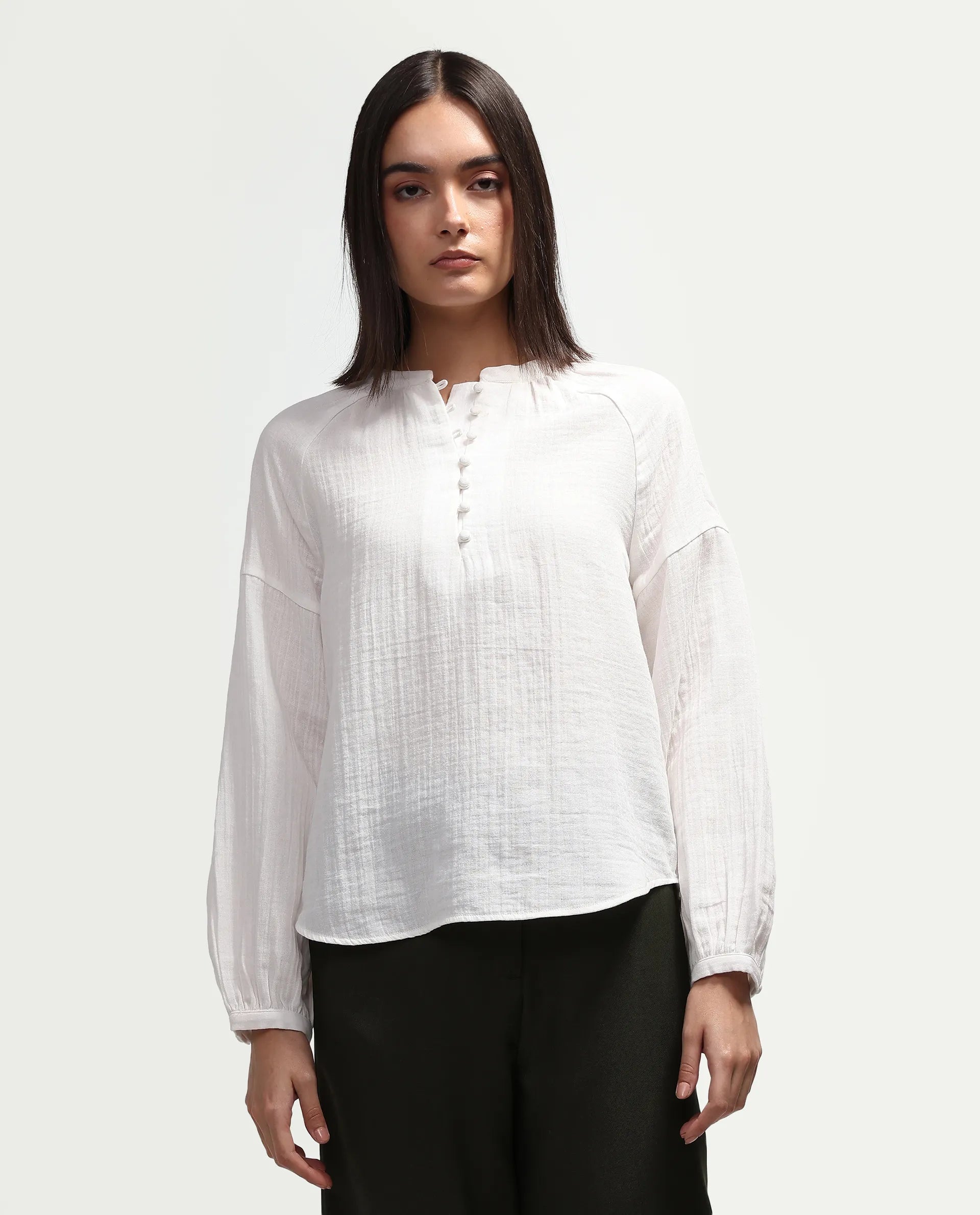Rareism Women's Rudin White Cotton Band Collar Relaxed Plain Top