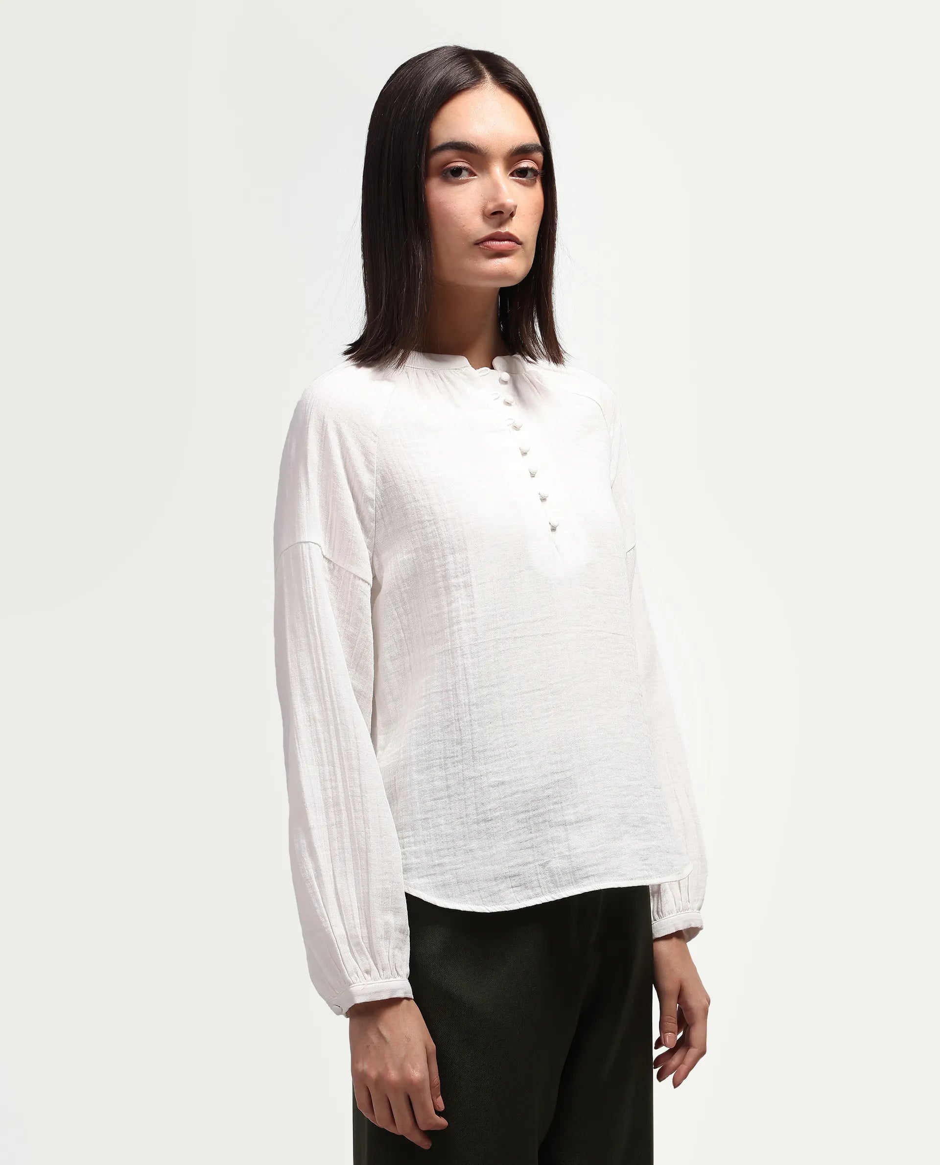 Rareism Women's Rudin White Cotton Band Collar Relaxed Plain Top