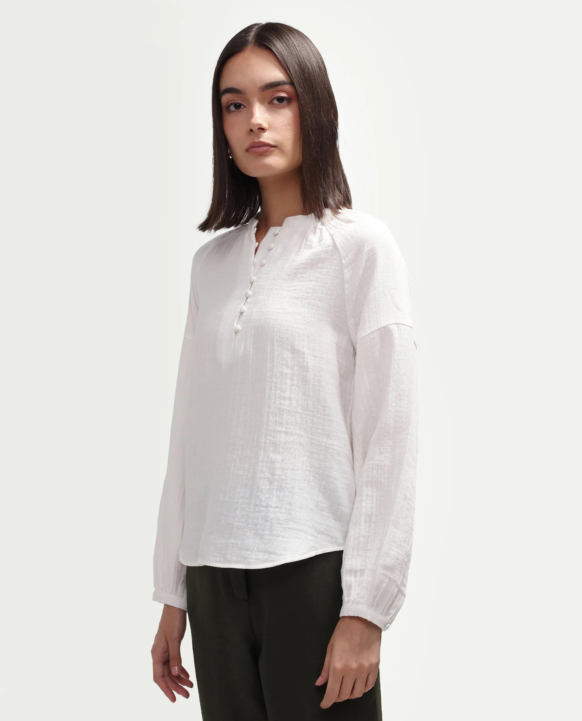 Rareism Women's Rudin White Cotton Band Collar Relaxed Plain Top