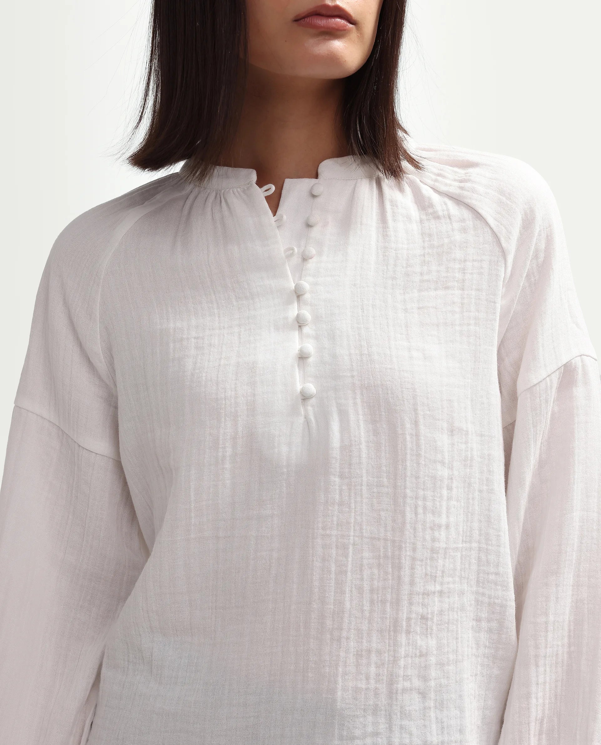 Rareism Women's Rudin White Cotton Band Collar Relaxed Plain Top