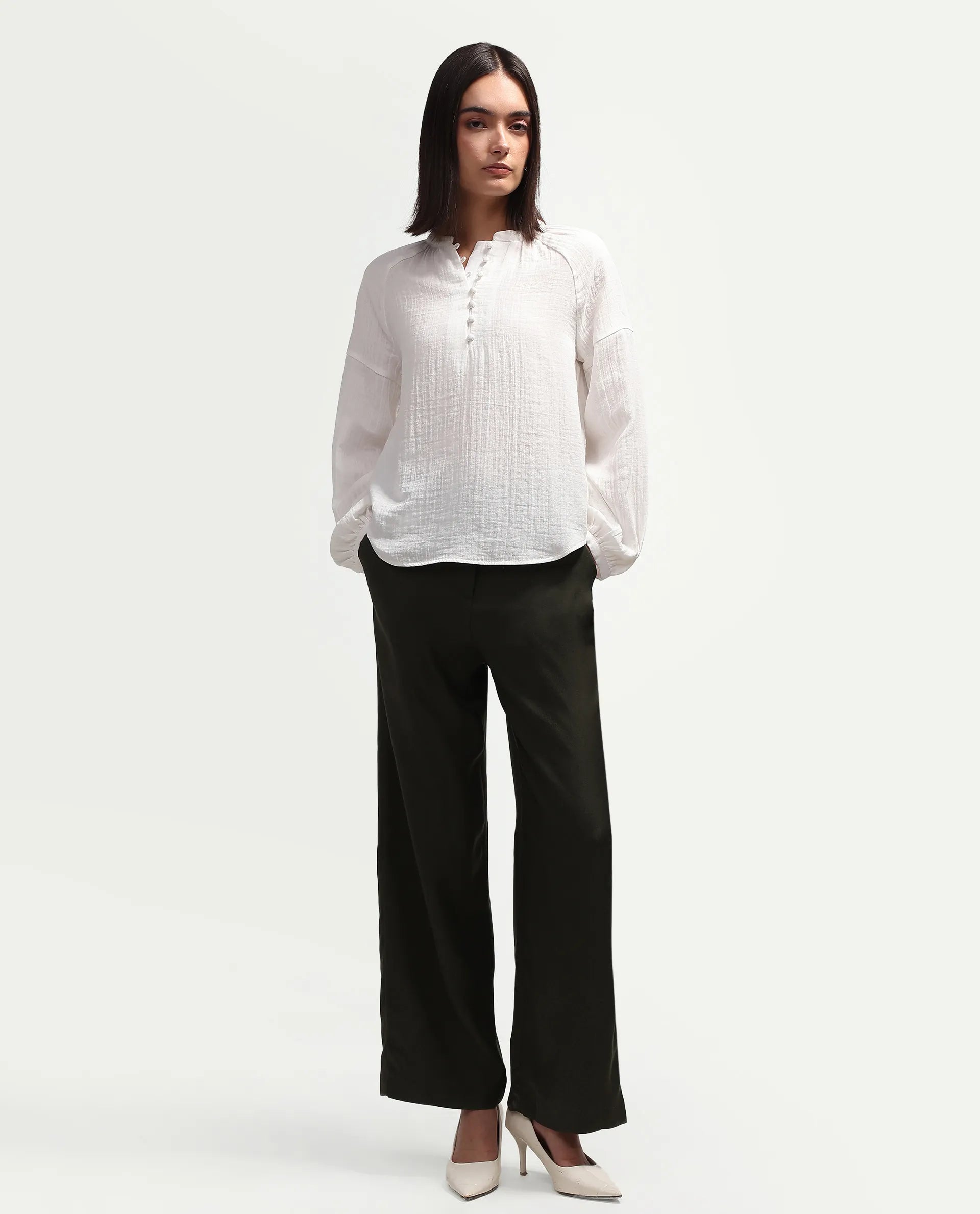 Rareism Women's Rudin White Cotton Band Collar Relaxed Plain Top