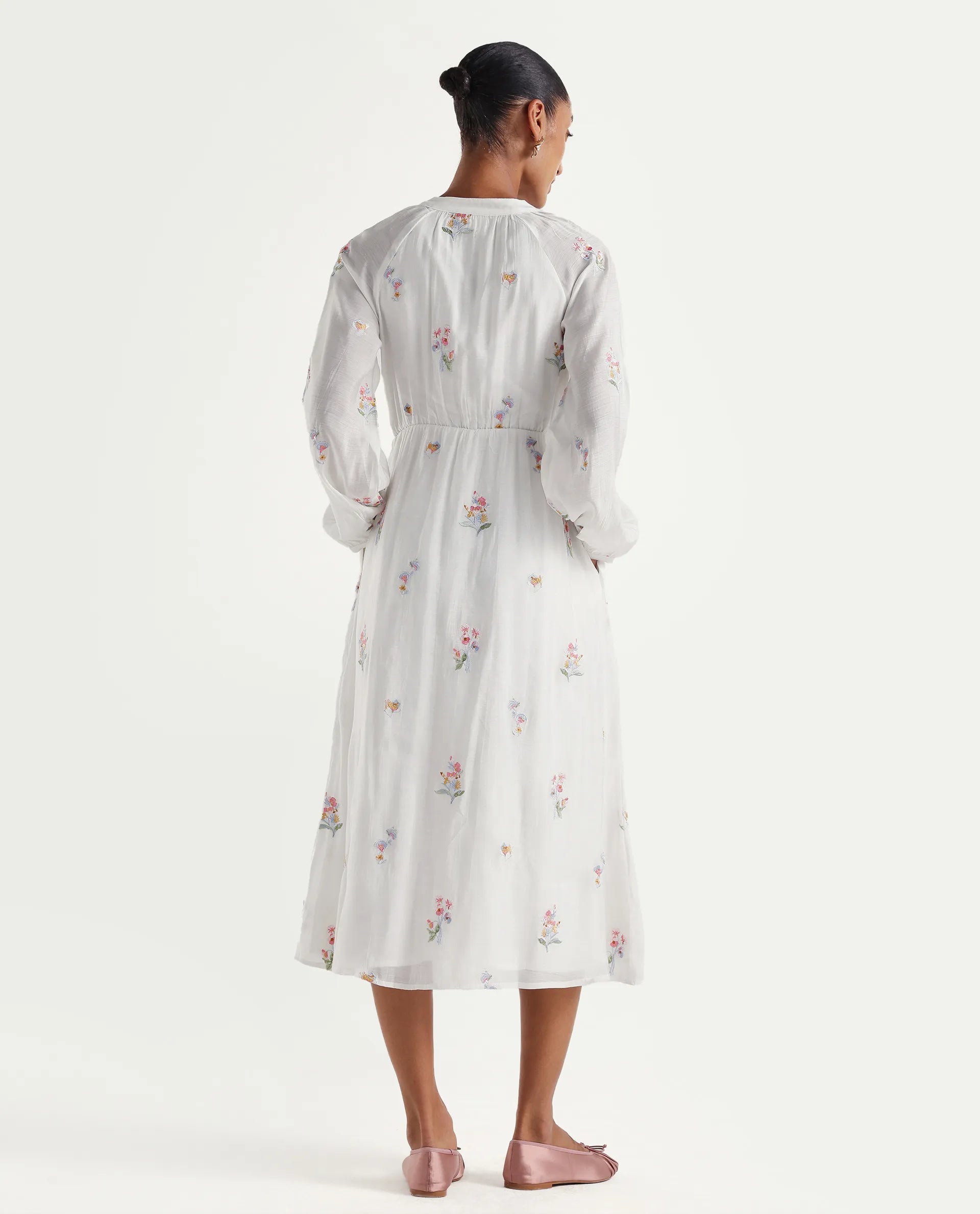 Rareism Women's Huri Off White Viscose Blend Band Collar Fit And Flare Plain Dress