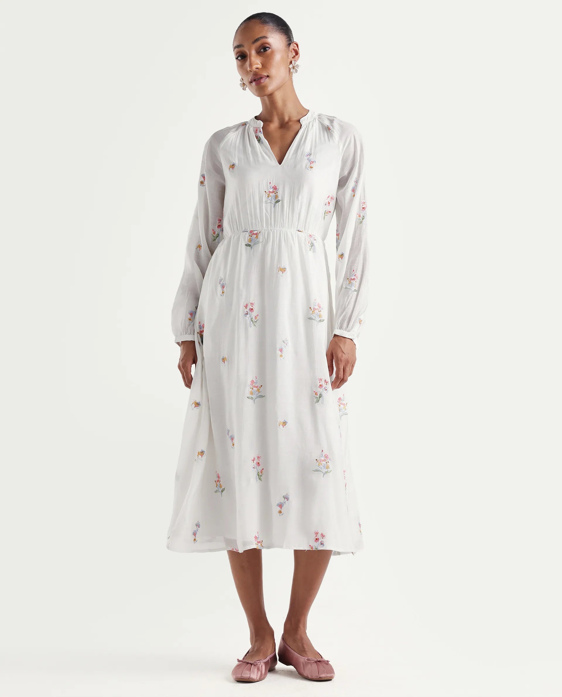 Rareism Women's Huri Off White Viscose Blend Band Collar Fit And Flare Plain Dress