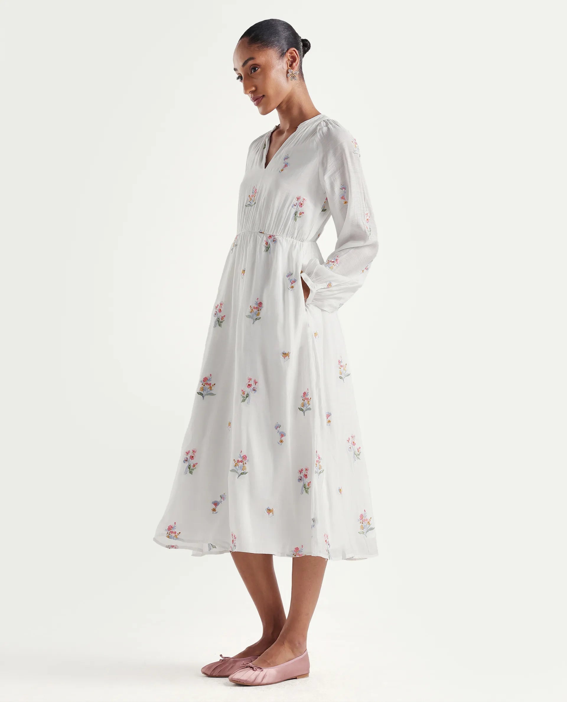 Rareism Women's Huri Off White Viscose Blend Band Collar Fit And Flare Plain Dress