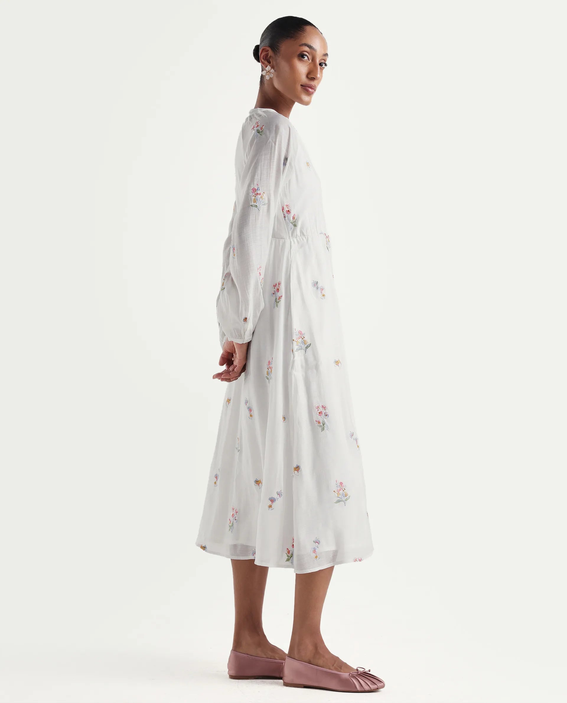 Rareism Women's Huri Off White Viscose Blend Band Collar Fit And Flare Plain Dress