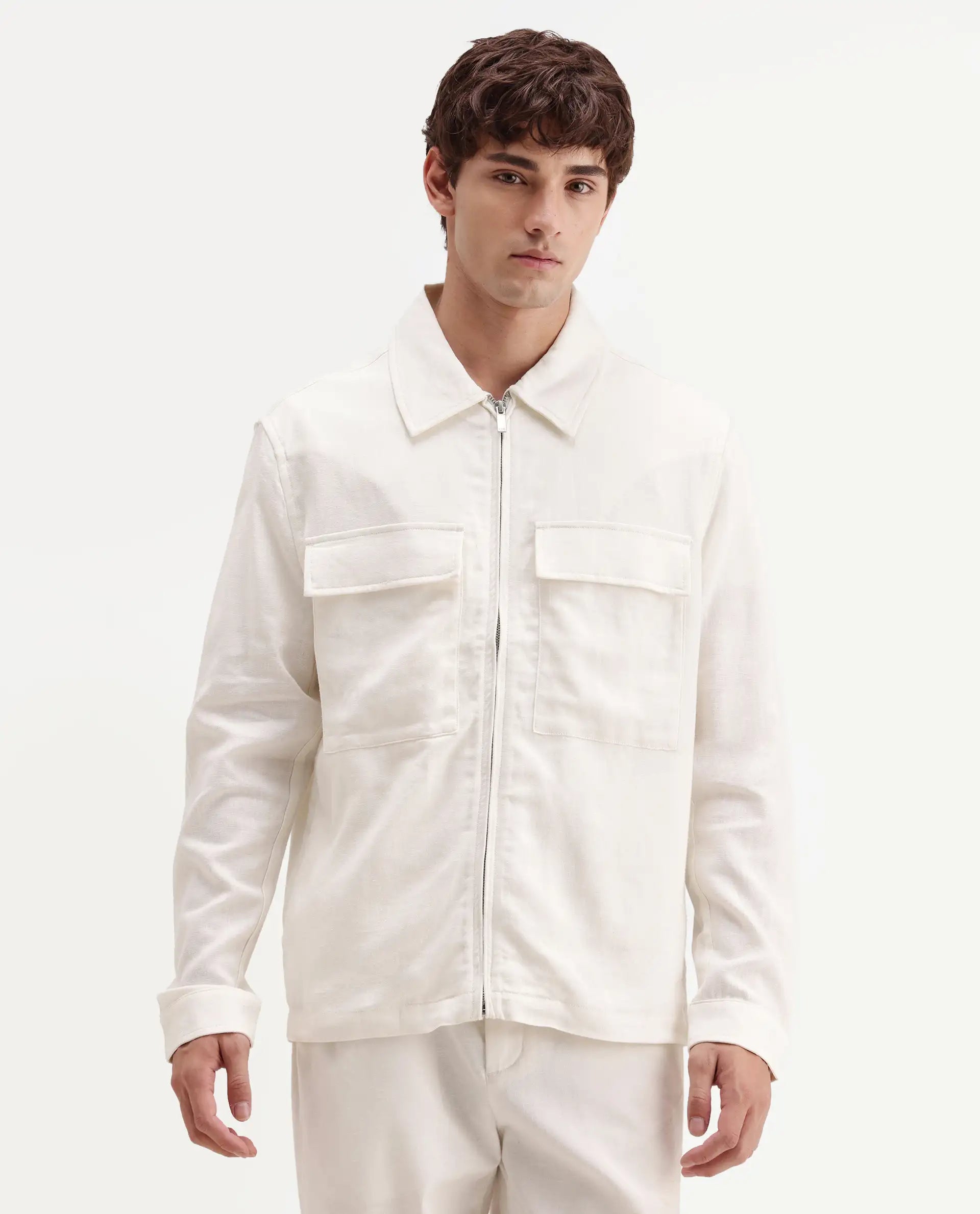 Rare Rabbit Men's Jomo-T-26 Off White Linen Blend Spread Collar Zipper Regular Plain Shacket