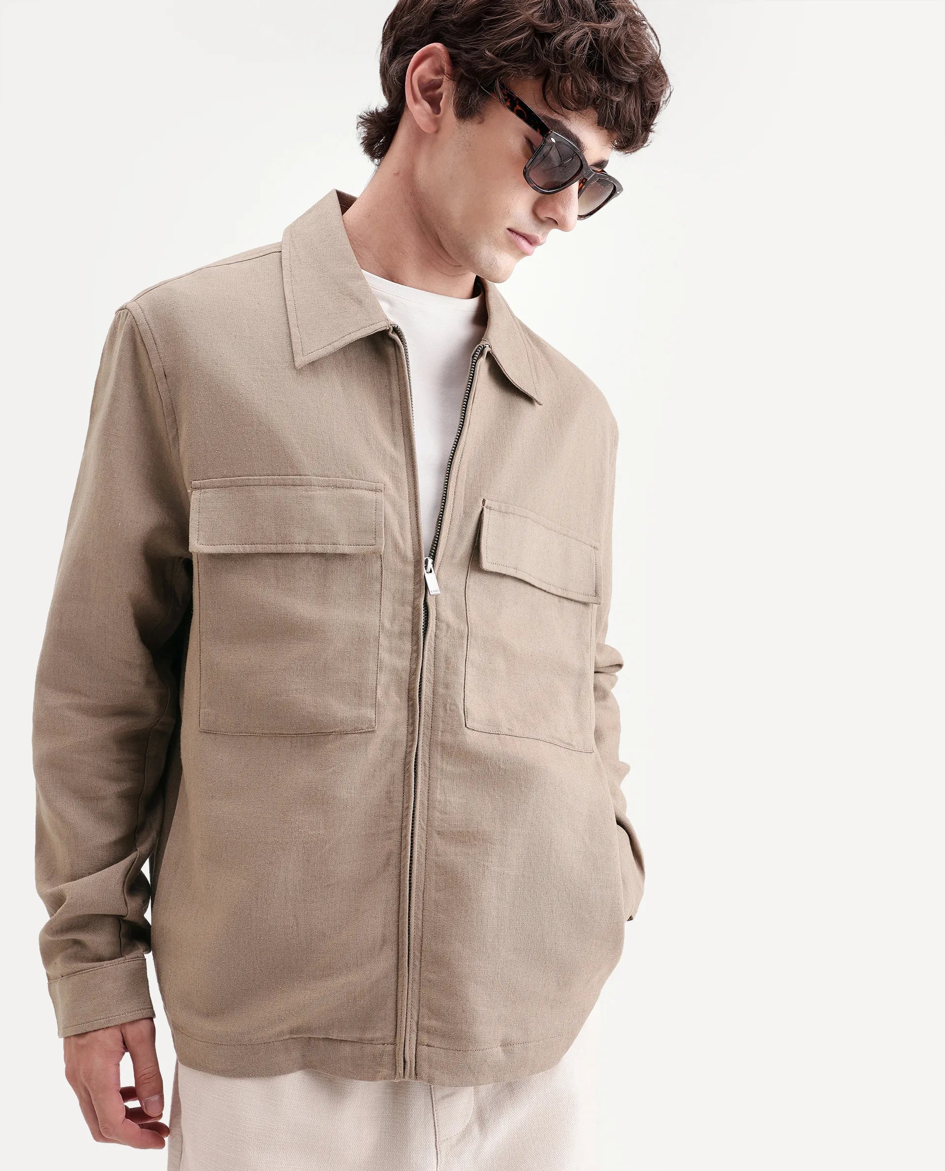 Rare Rabbit Men's Jomo-T-26 Khaki Linen Blend Spread Collar Zipper Regular Plain Shacket