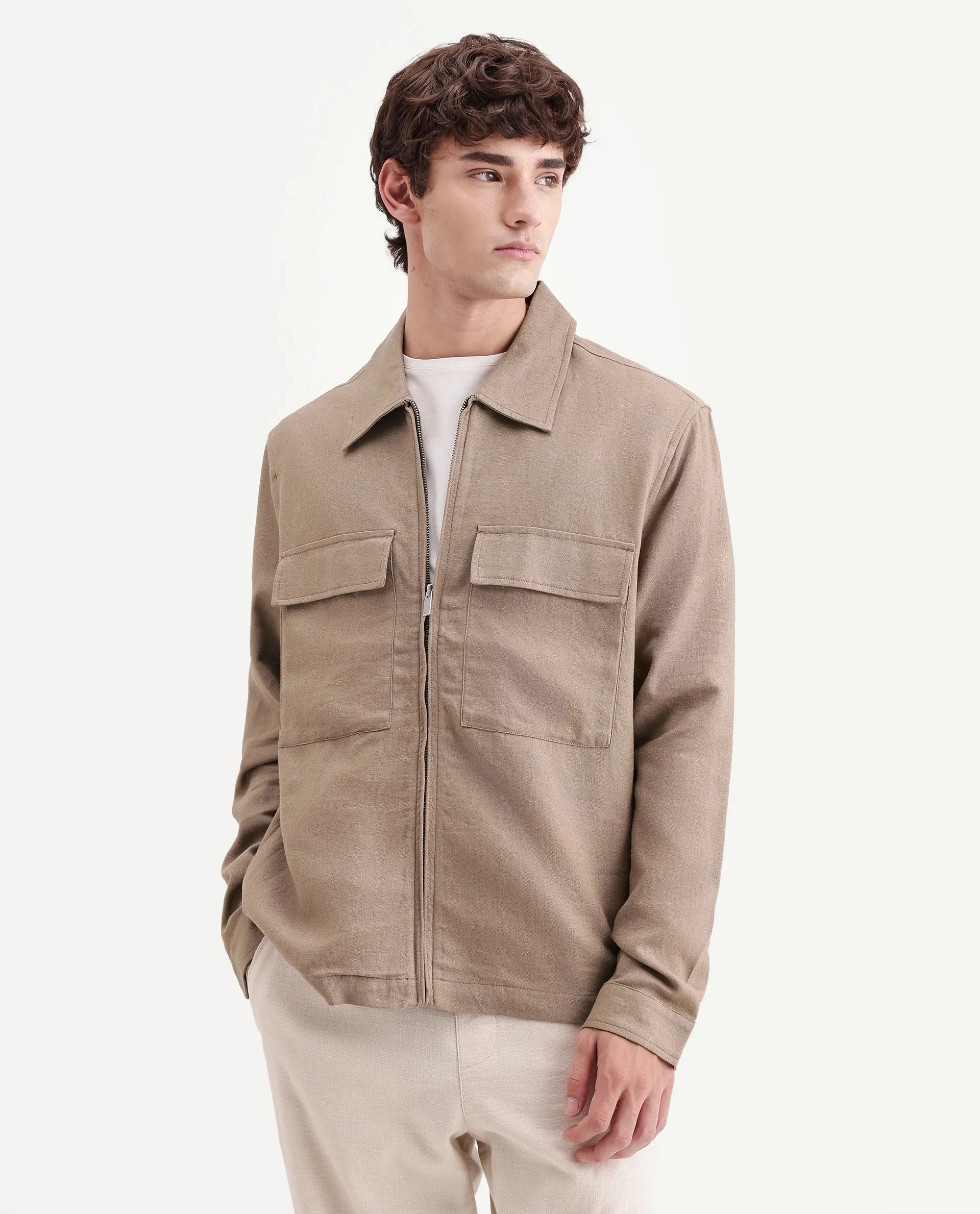Rare Rabbit Men's Jomo-T-26 Khaki Linen Blend Spread Collar Zipper Regular Plain Shacket