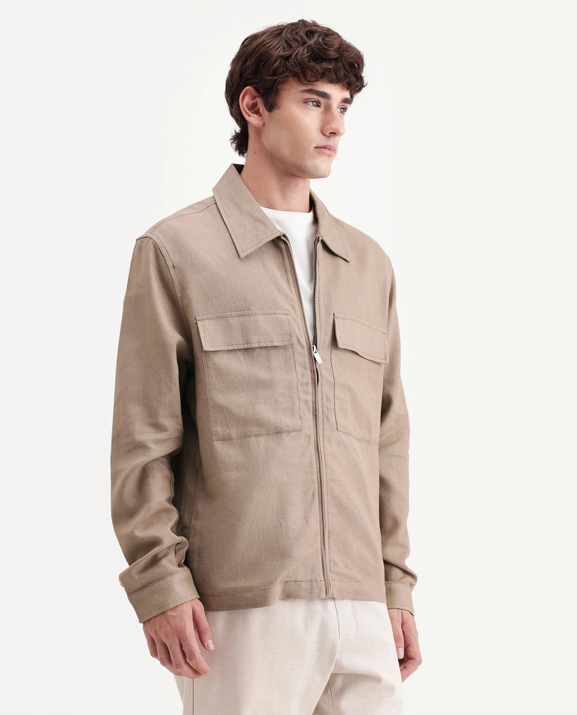 Rare Rabbit Men's Jomo-T-26 Khaki Linen Blend Spread Collar Zipper Regular Plain Shacket