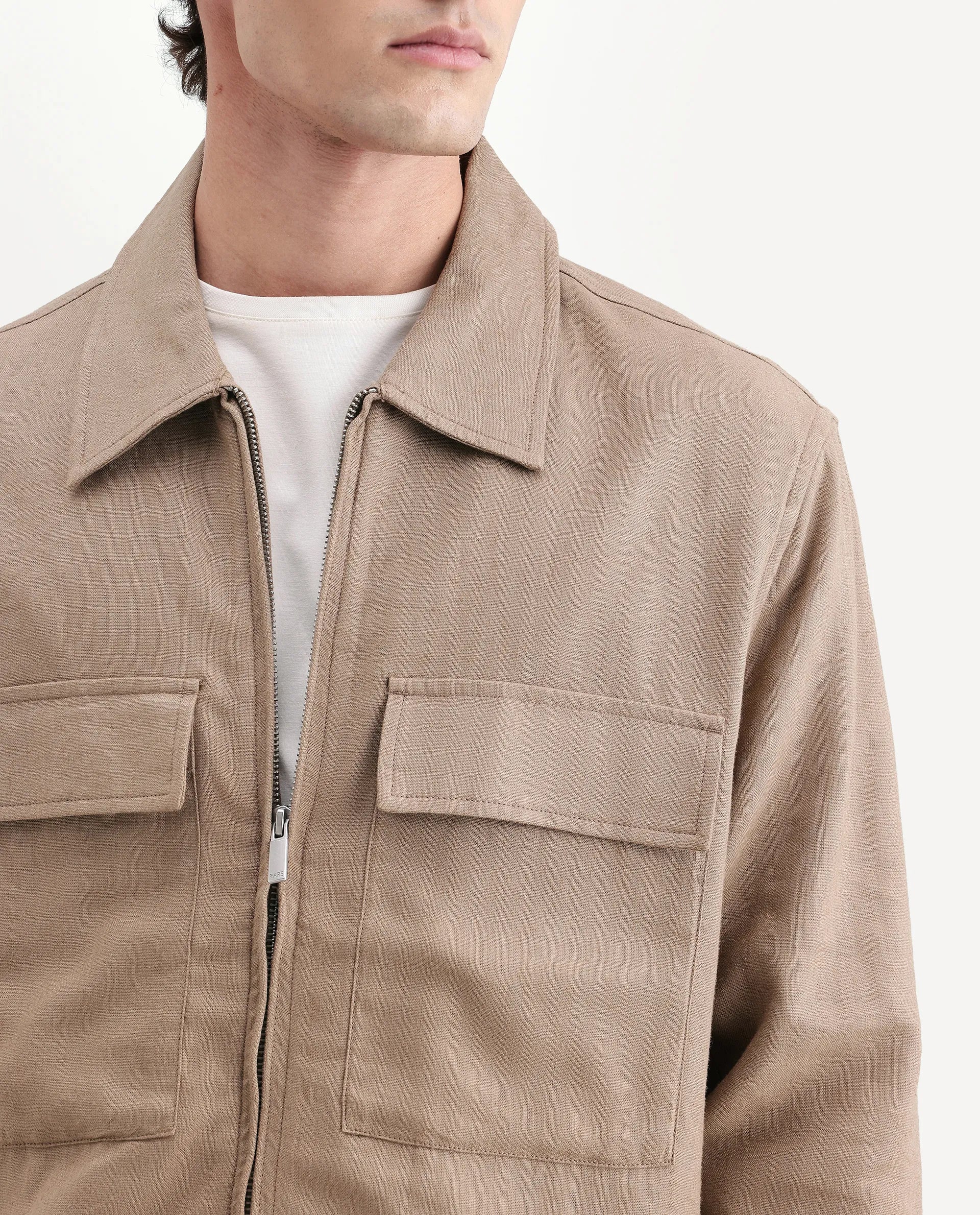 Rare Rabbit Men's Jomo-T-26 Khaki Linen Blend Spread Collar Zipper Regular Plain Shacket