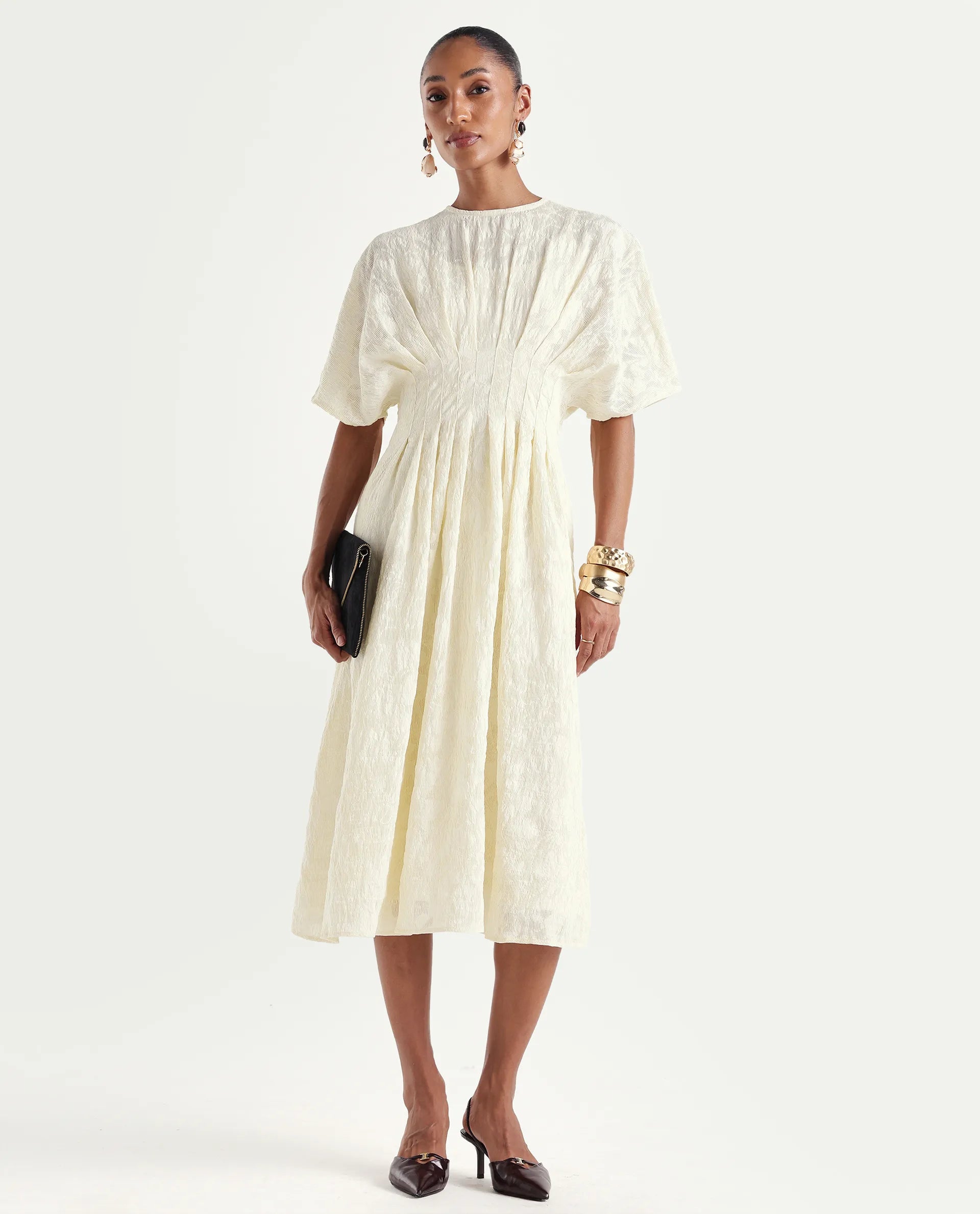 Rareism Women's Hant Off White Viscose Blend Crew Neck Fit And Flare Plain Dress