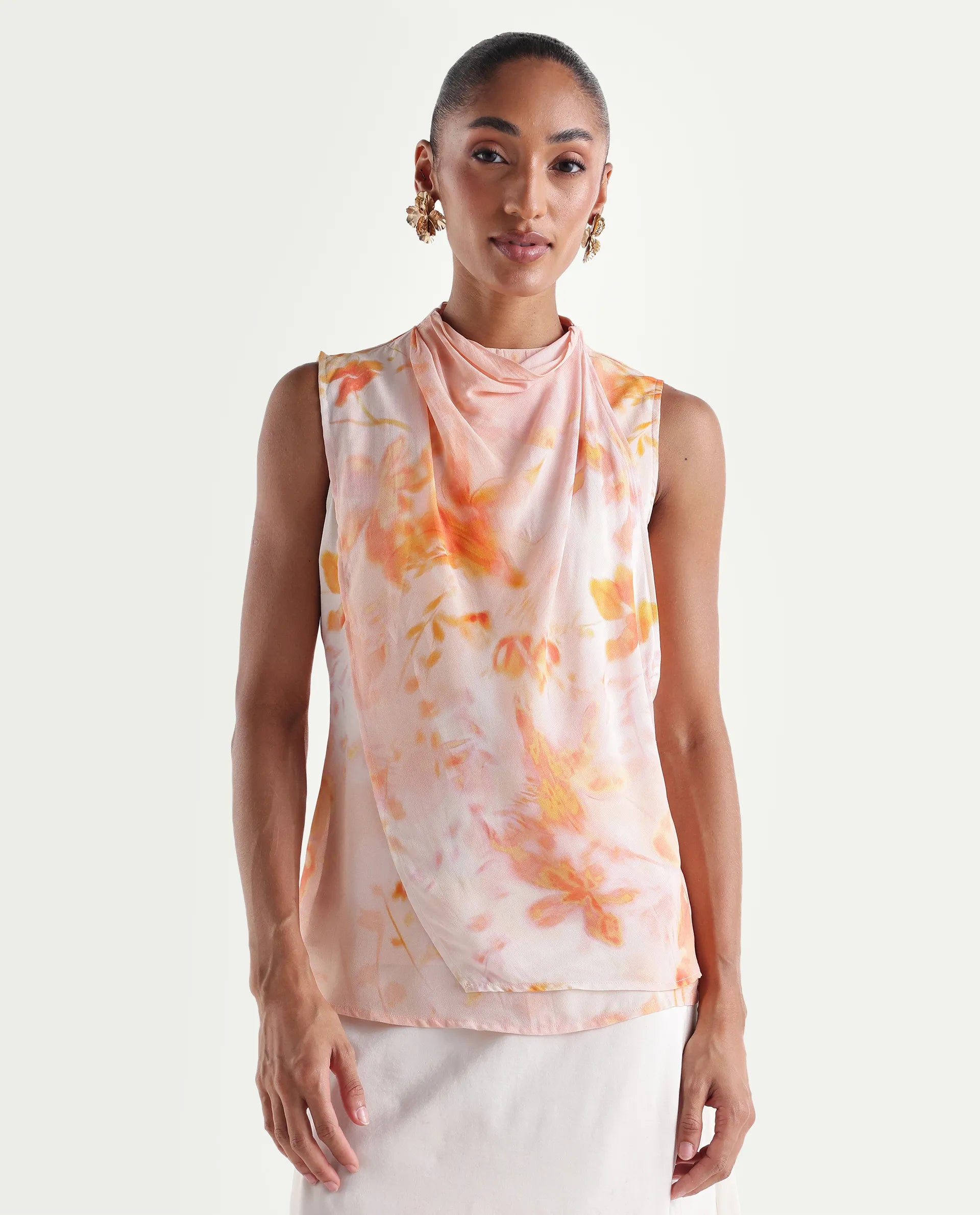 Rareism Women's Hetha Pastel Peach Viscose Blend High Neck Regular All Over Print Top