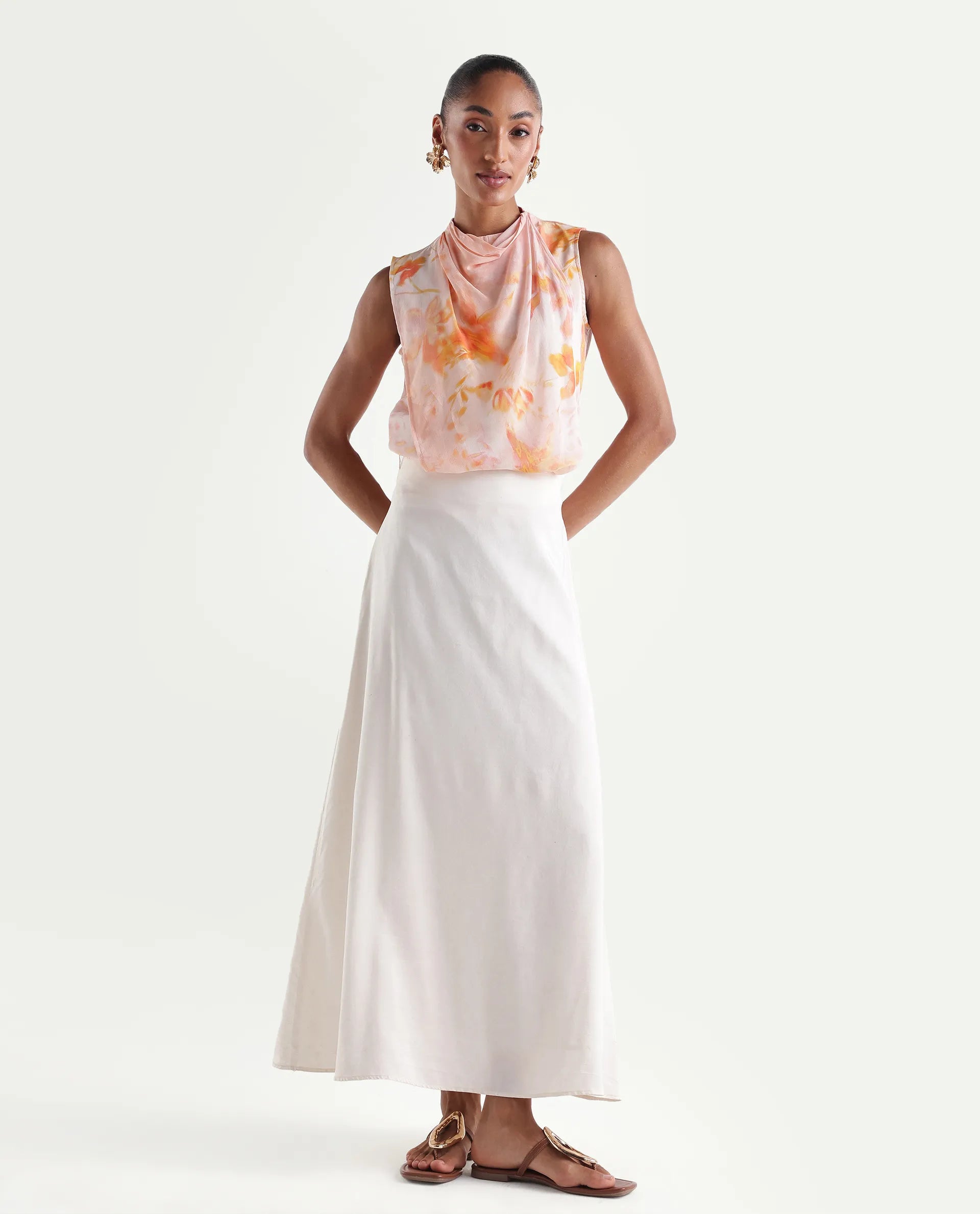 Rareism Women's Hetha Pastel Peach Viscose Blend High Neck Regular All Over Print Top