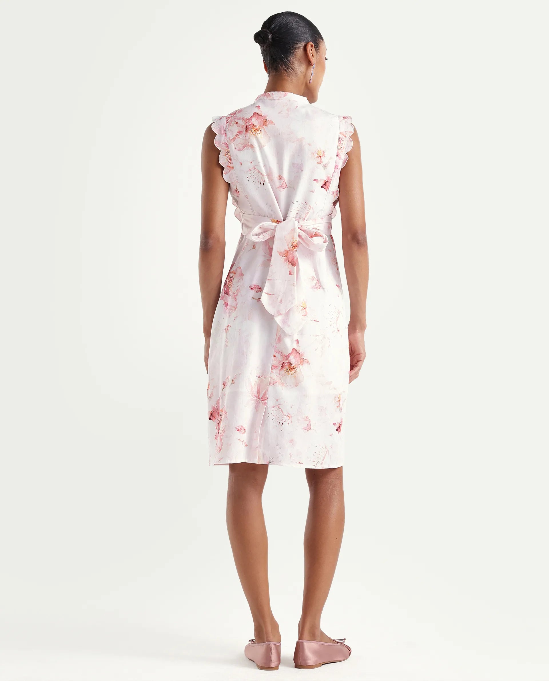 Rareism Women's Hawn Light Pink Cotton Band Collar Regular Floral Print Dress