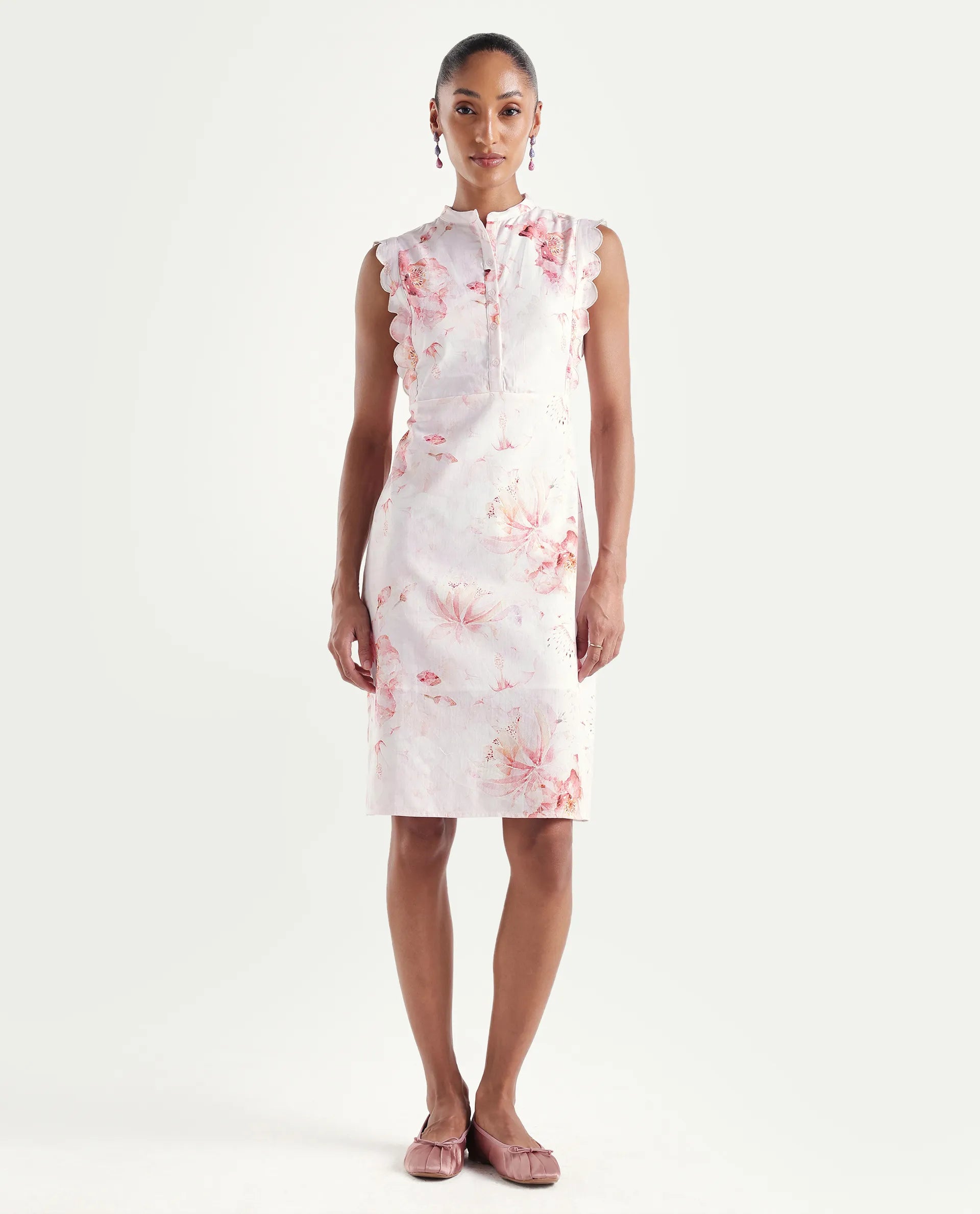Rareism Women's Hawn Light Pink Cotton Band Collar Regular Floral Print Dress