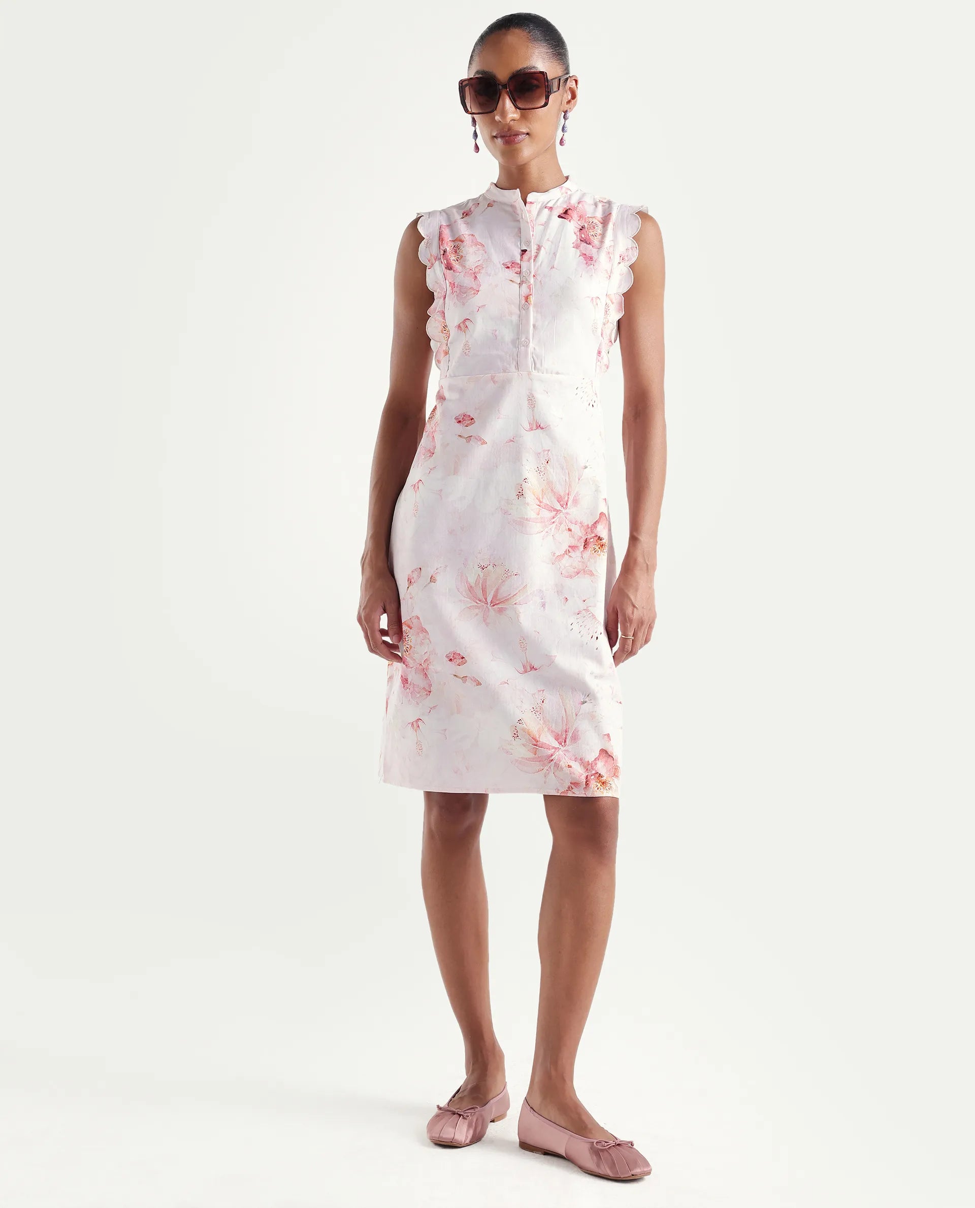 Rareism Women's Hawn Light Pink Cotton Band Collar Regular Floral Print Dress