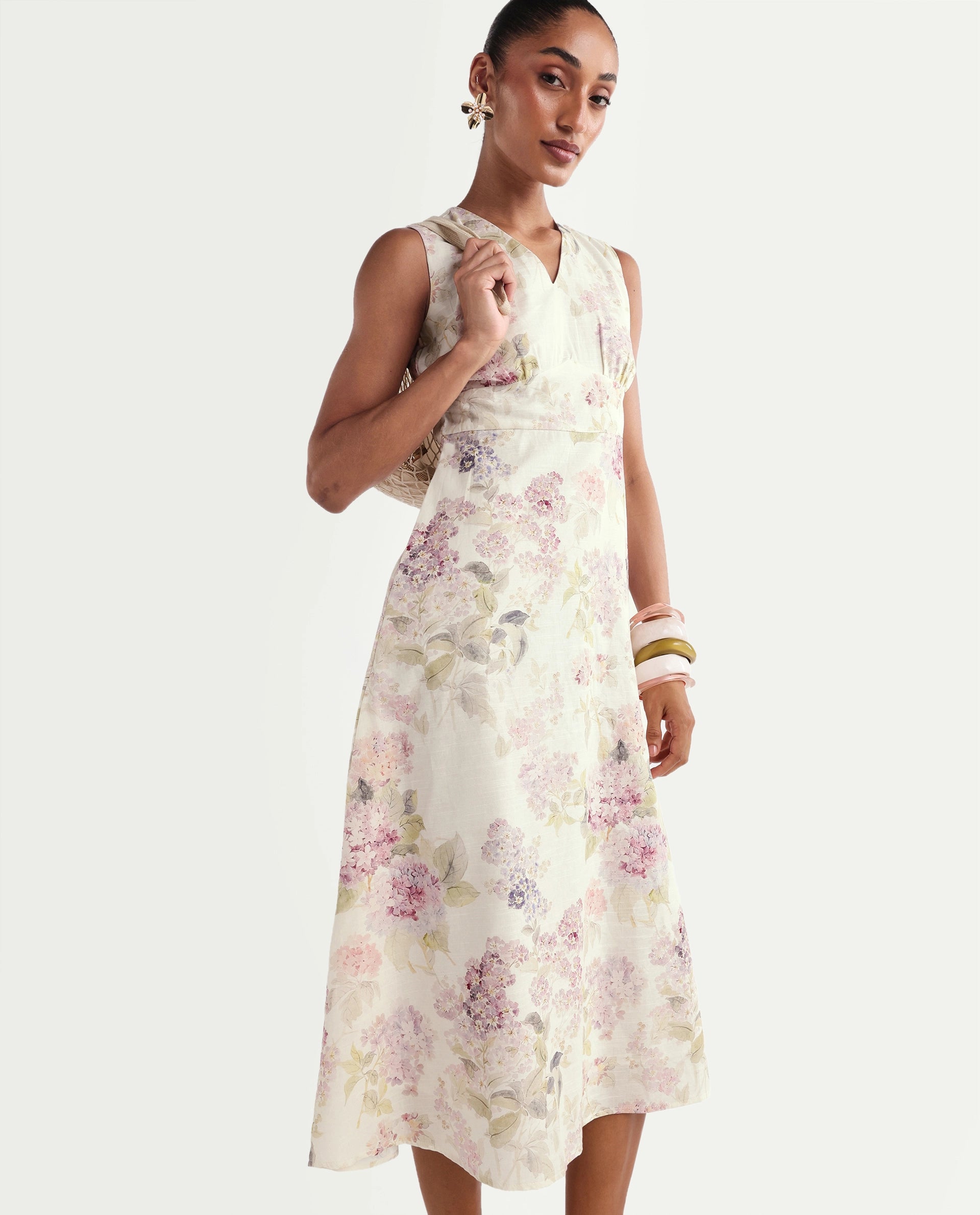Rareism Women's Rugo Light Beige Cotton V-Neck A-Line Floral Print Dress