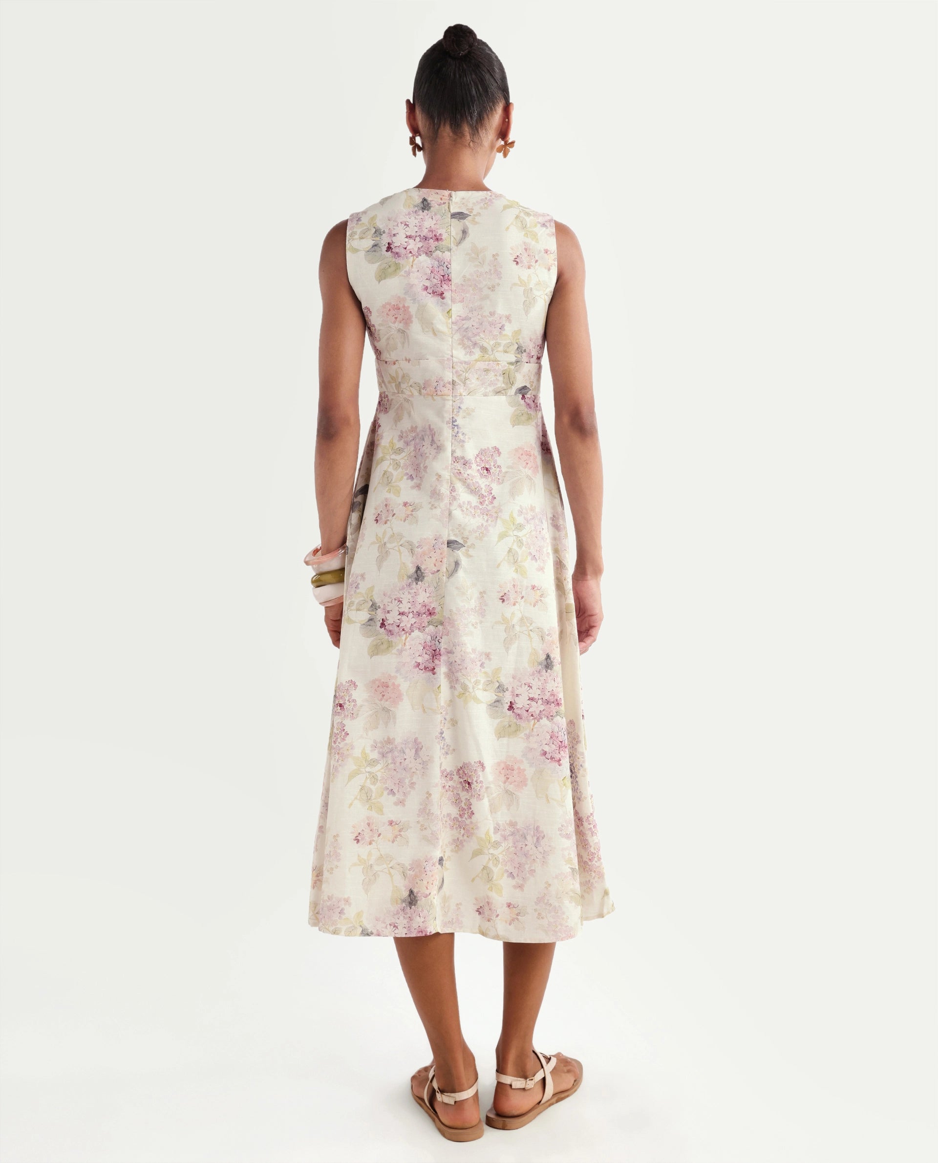 Rareism Women's Rugo Light Beige Cotton V-Neck A-Line Floral Print Dress