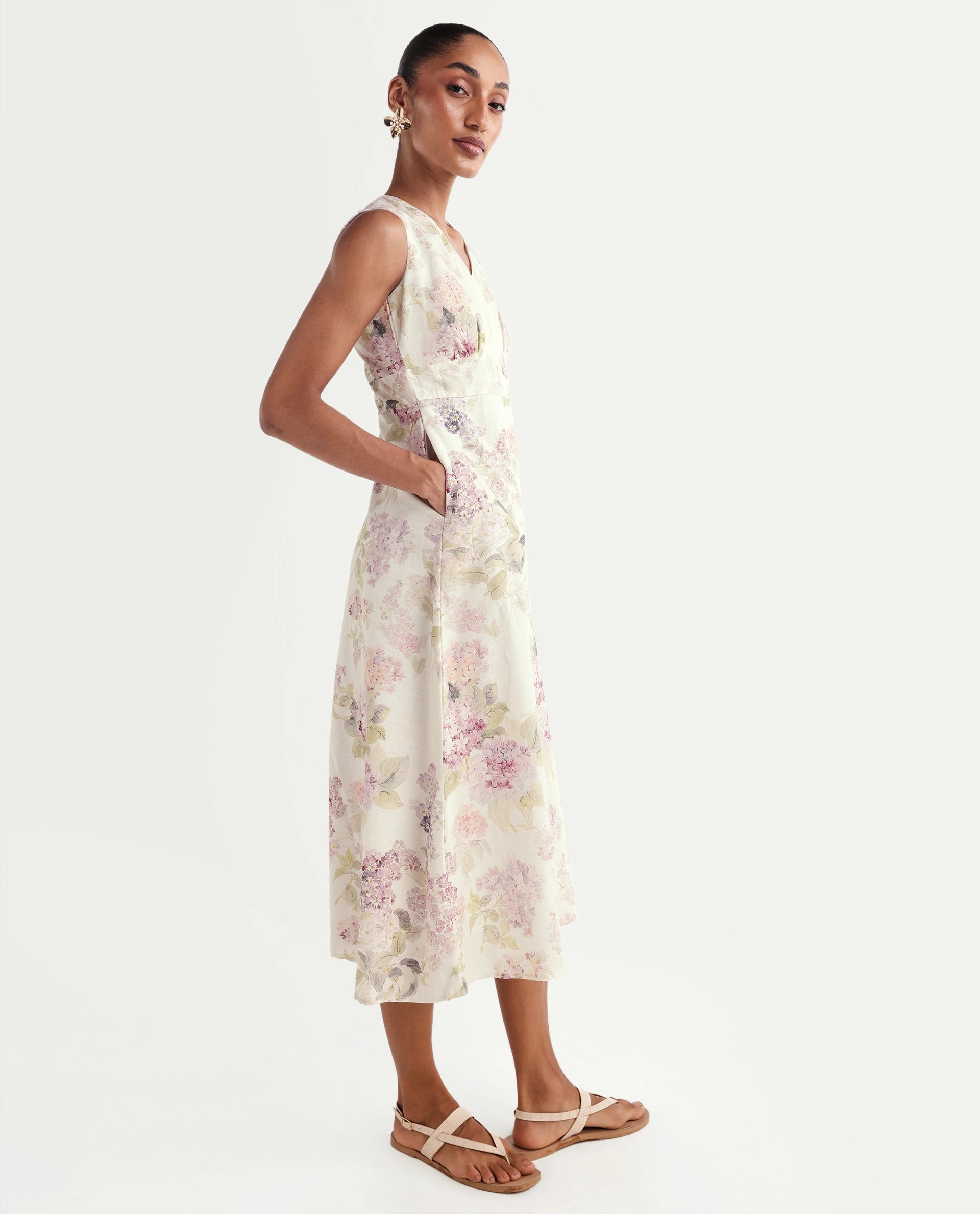 Rareism Women's Rugo Light Beige Cotton V-Neck A-Line Floral Print Dress