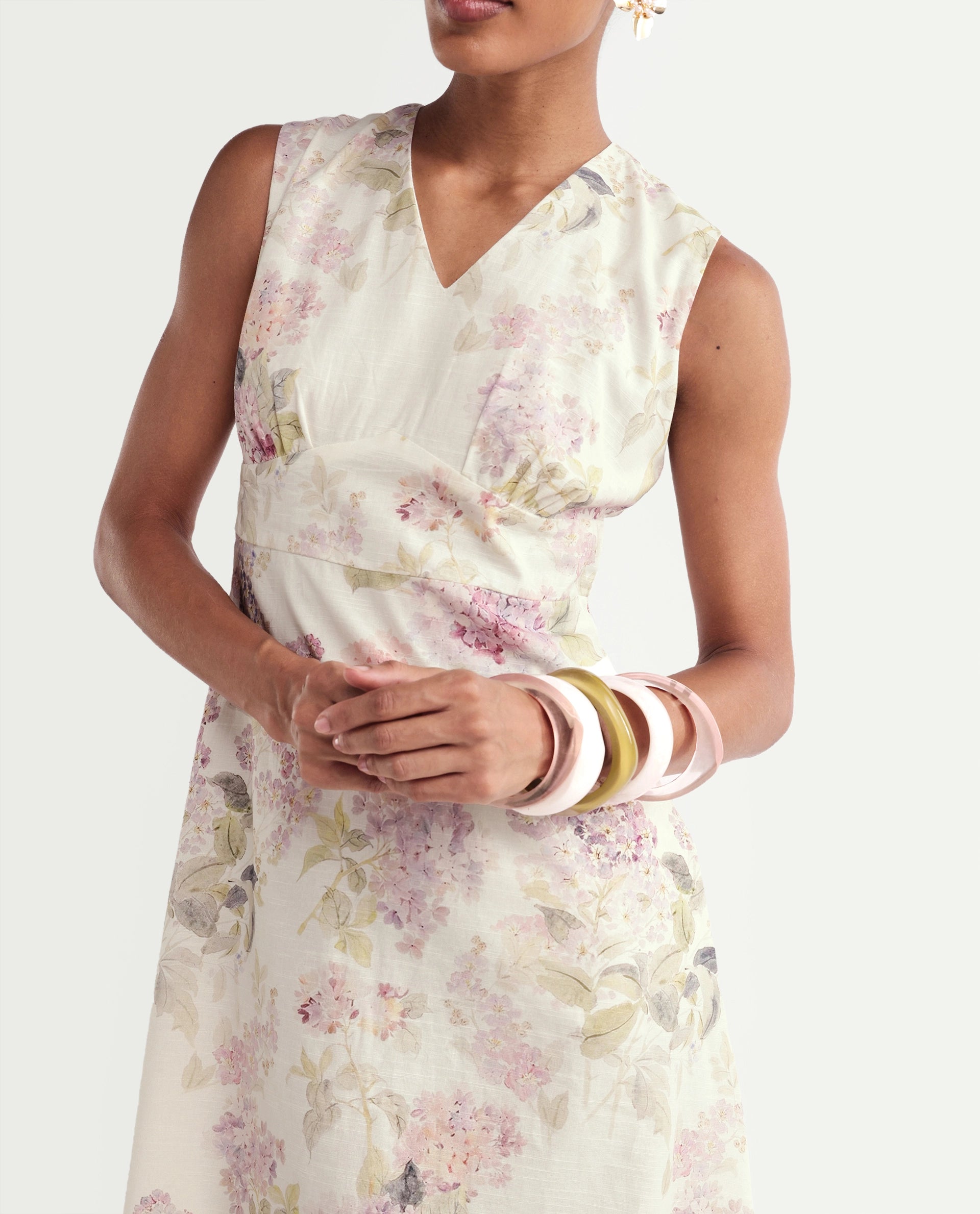 Rareism Women's Rugo Light Beige Cotton V-Neck A-Line Floral Print Dress