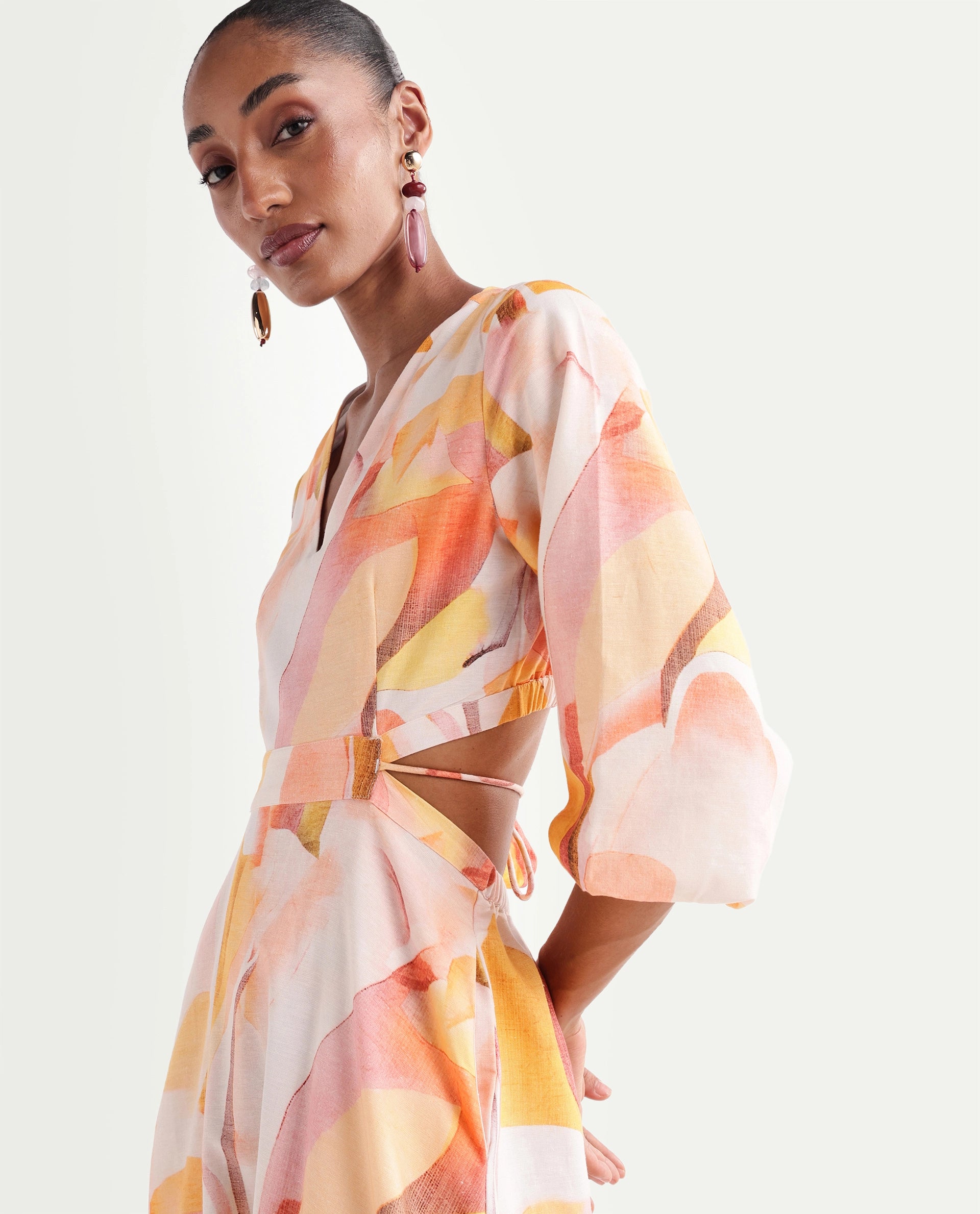 Rareism Women's Ruvin Multi Viscose Blend V-Neck Flared Abstract Print Dress