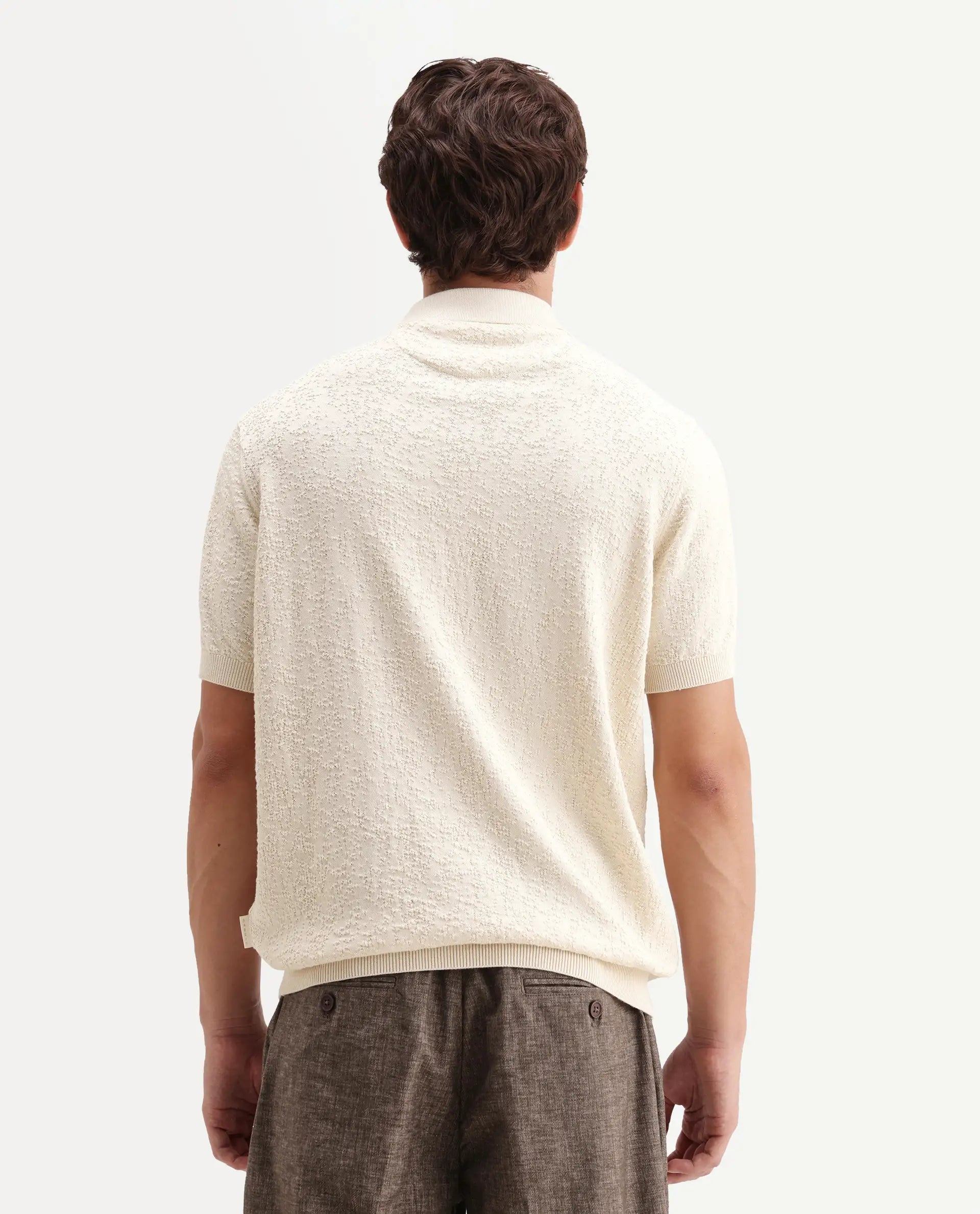 Rare Rabbit Men's Mont Off White Cotton Spread Collar Button Closure Regular Fit Textured Polo