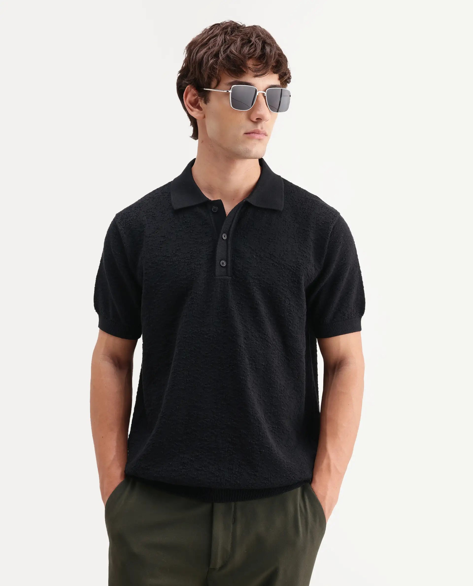 Rare Rabbit Men's Mont Black Cotton Spread Collar Button Closure Regular Fit Textured Polo