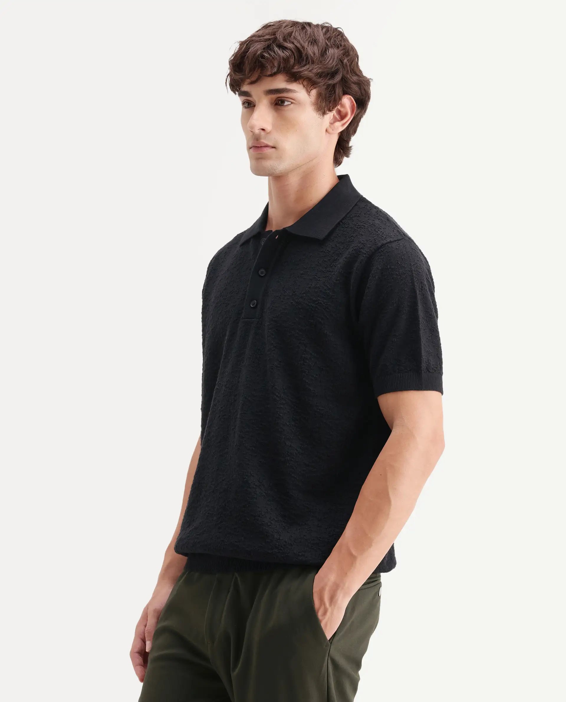 Rare Rabbit Men's Mont Black Cotton Spread Collar Button Closure Regular Fit Textured Polo