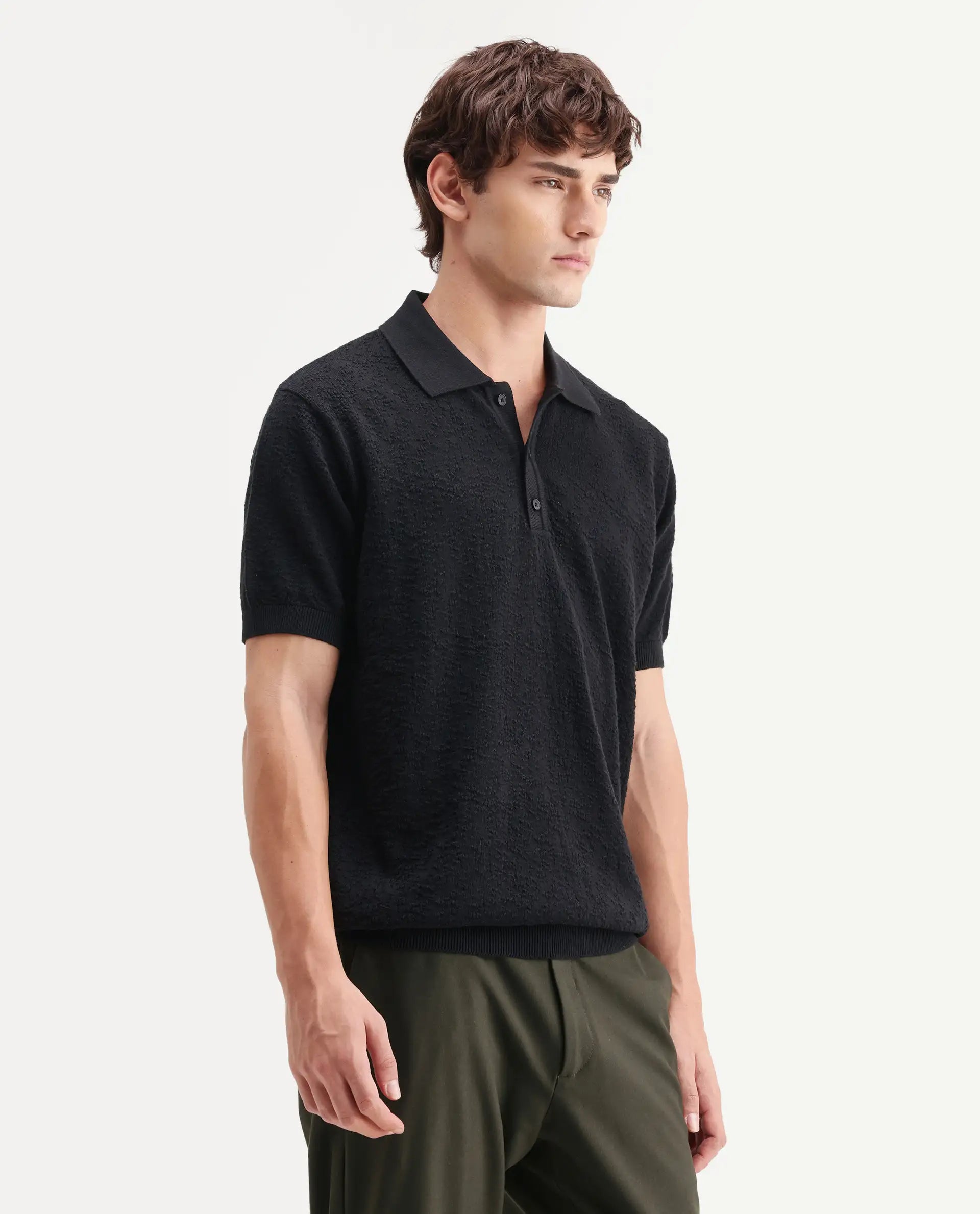 Rare Rabbit Men's Mont Black Cotton Spread Collar Button Closure Regular Fit Textured Polo