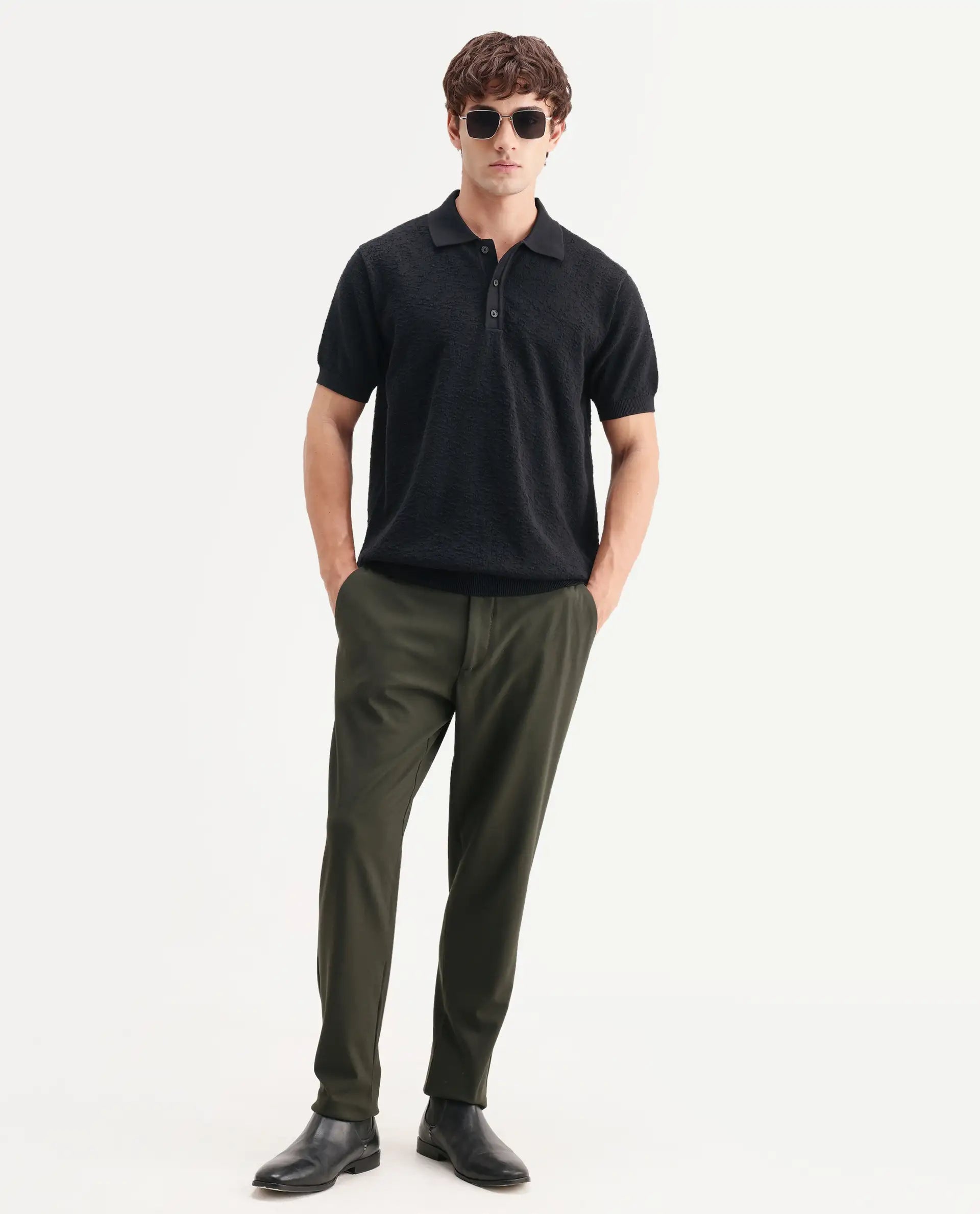 Rare Rabbit Men's Mont Black Cotton Spread Collar Button Closure Regular Fit Textured Polo