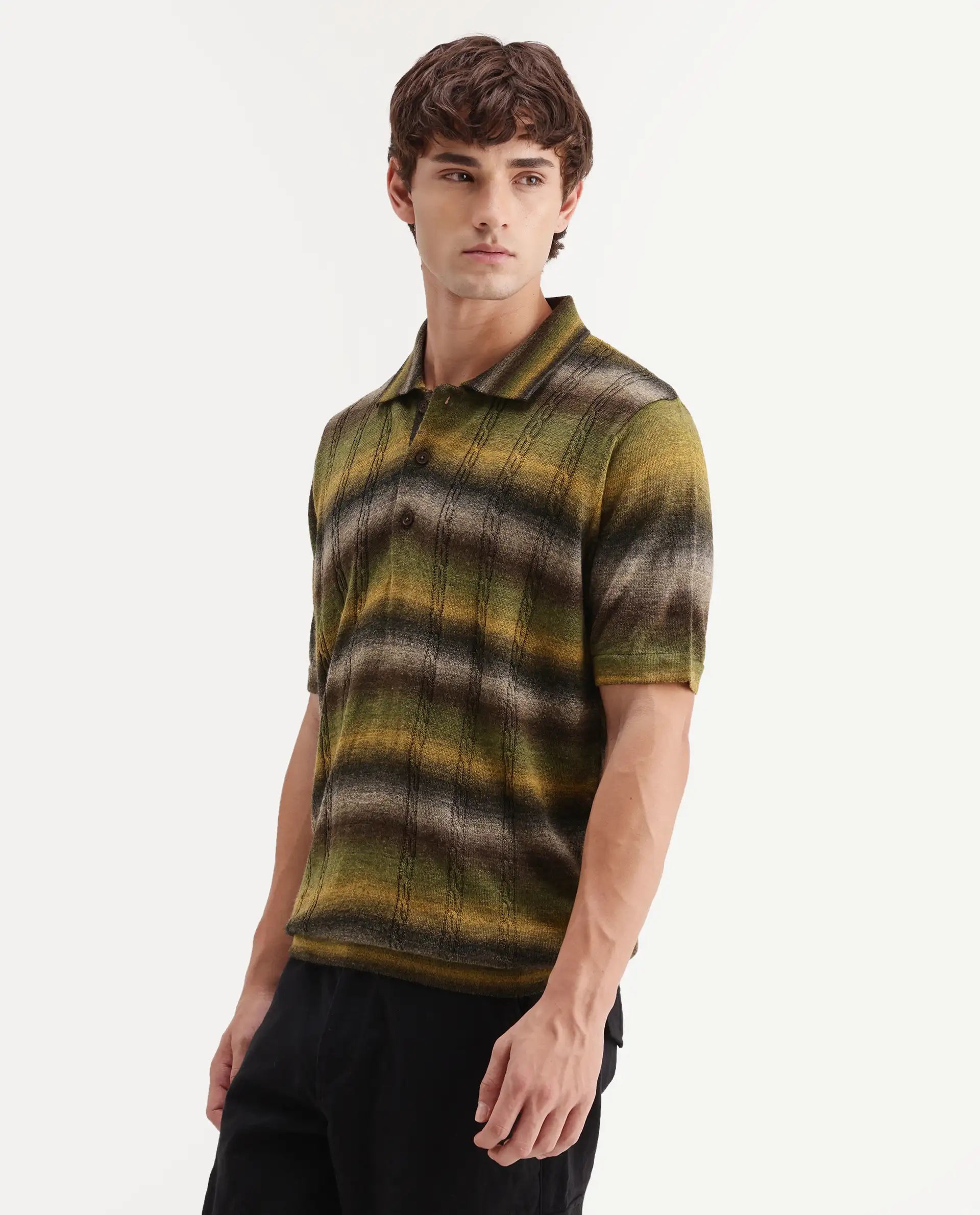 Rare Rabbit Men's Grao Multi-1 Cotton Spread Collar Button Regular Fit Striped Polo