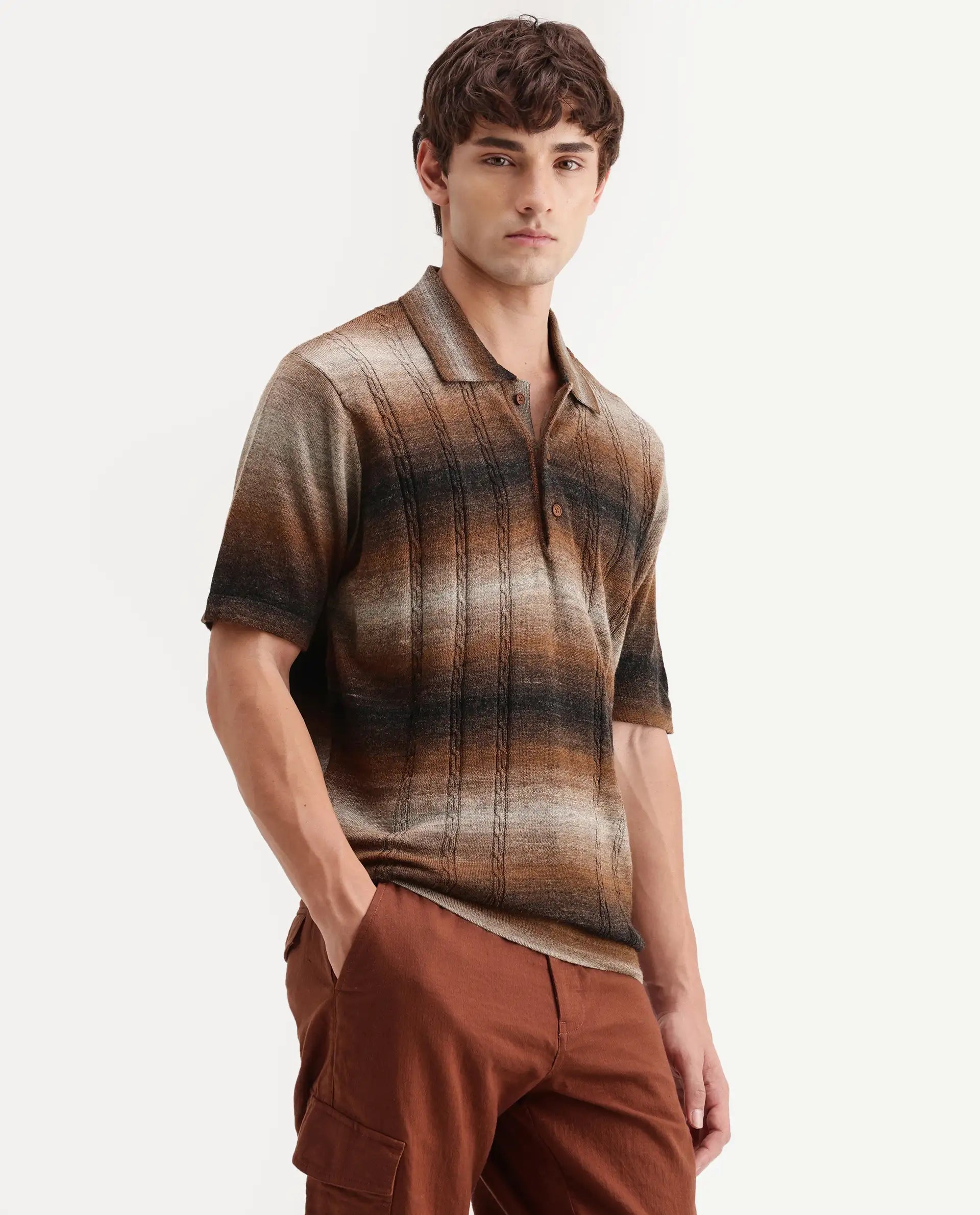 Rare Rabbit Men's Grao Multi-3 Cotton Spread Collar Button Regular Fit Striped Polo