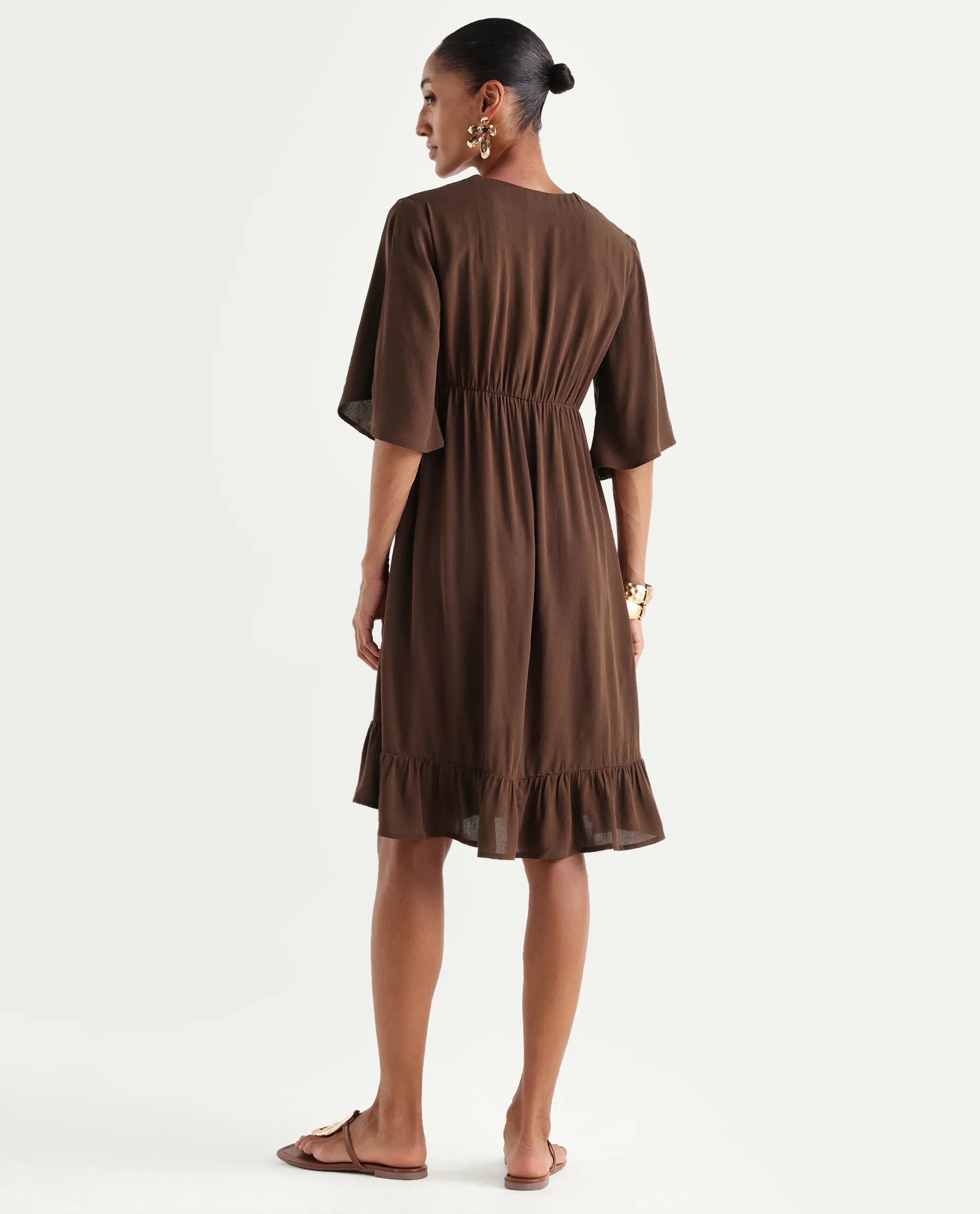 Rareism Women's Valor Brown Viscose V-Neck Flared Plain Dress