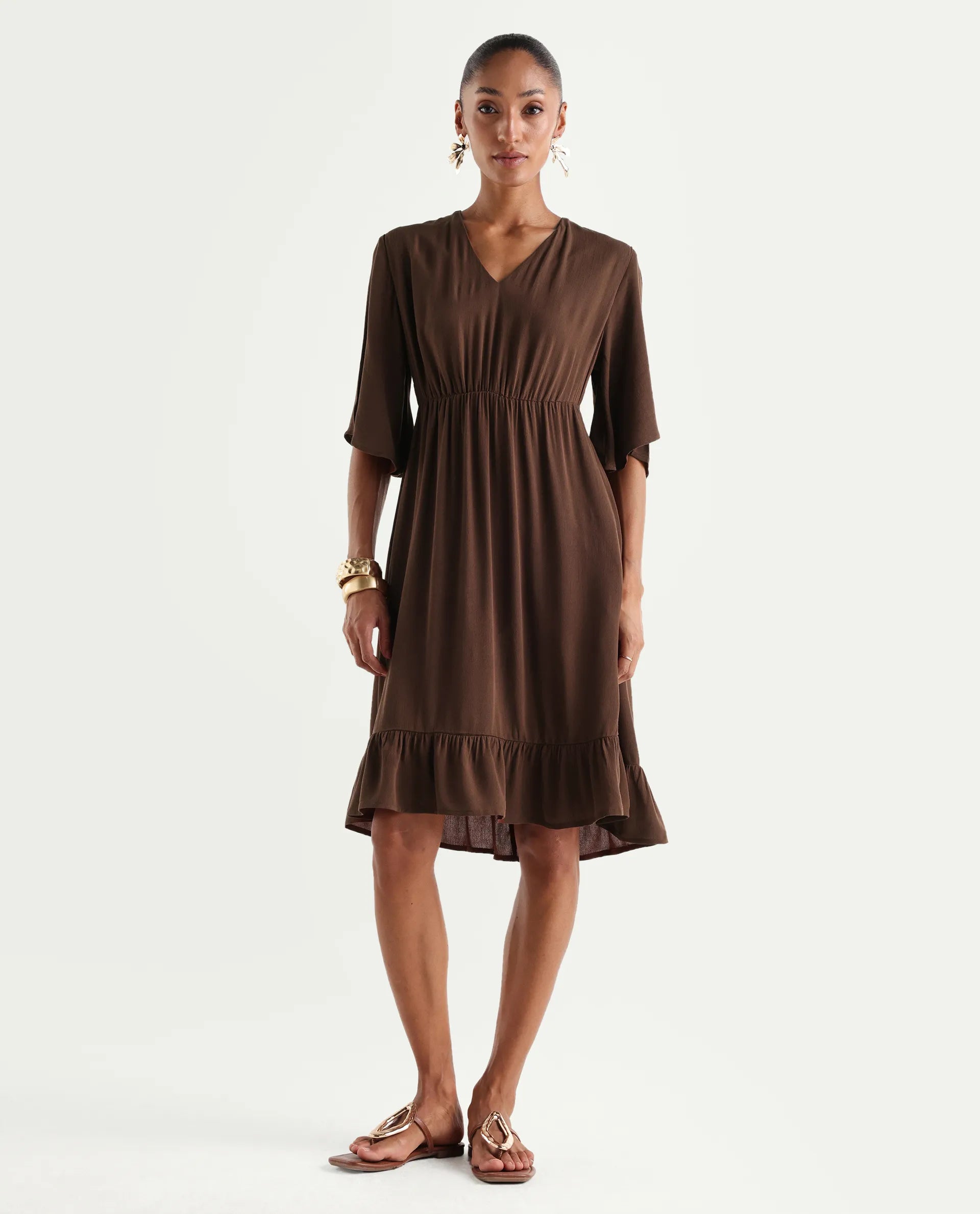 Rareism Women's Valor Brown Viscose V-Neck Flared Plain Dress