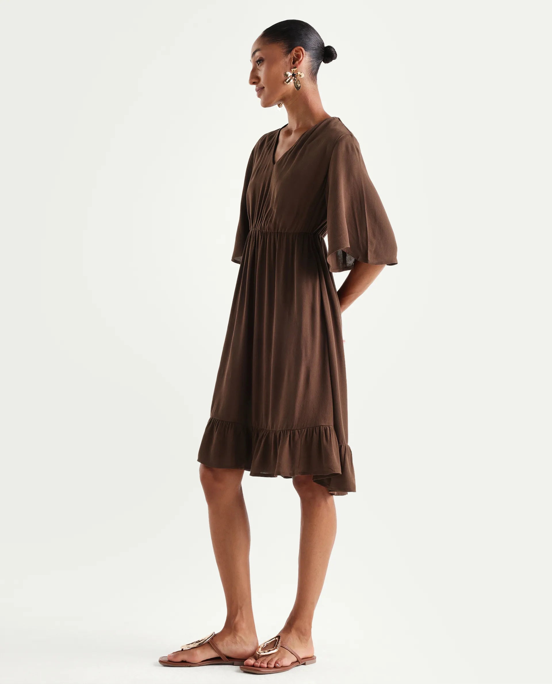 Rareism Women's Valor Brown Viscose V-Neck Flared Plain Dress