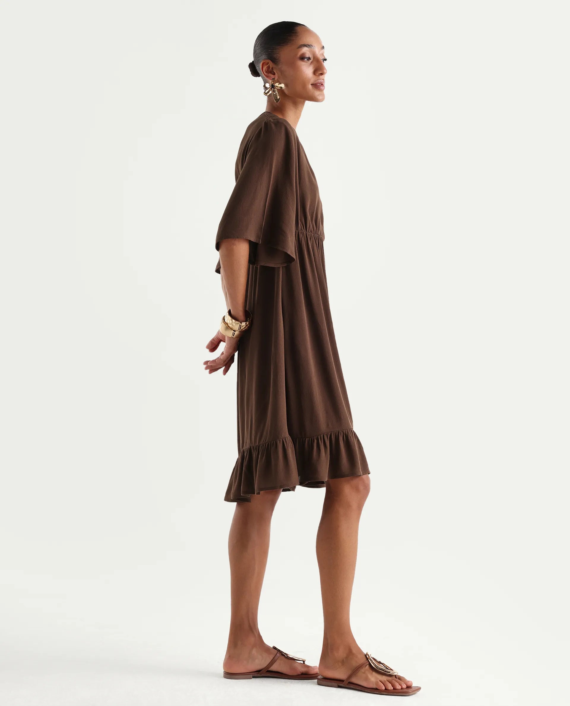 Rareism Women's Valor Brown Viscose V-Neck Flared Plain Dress
