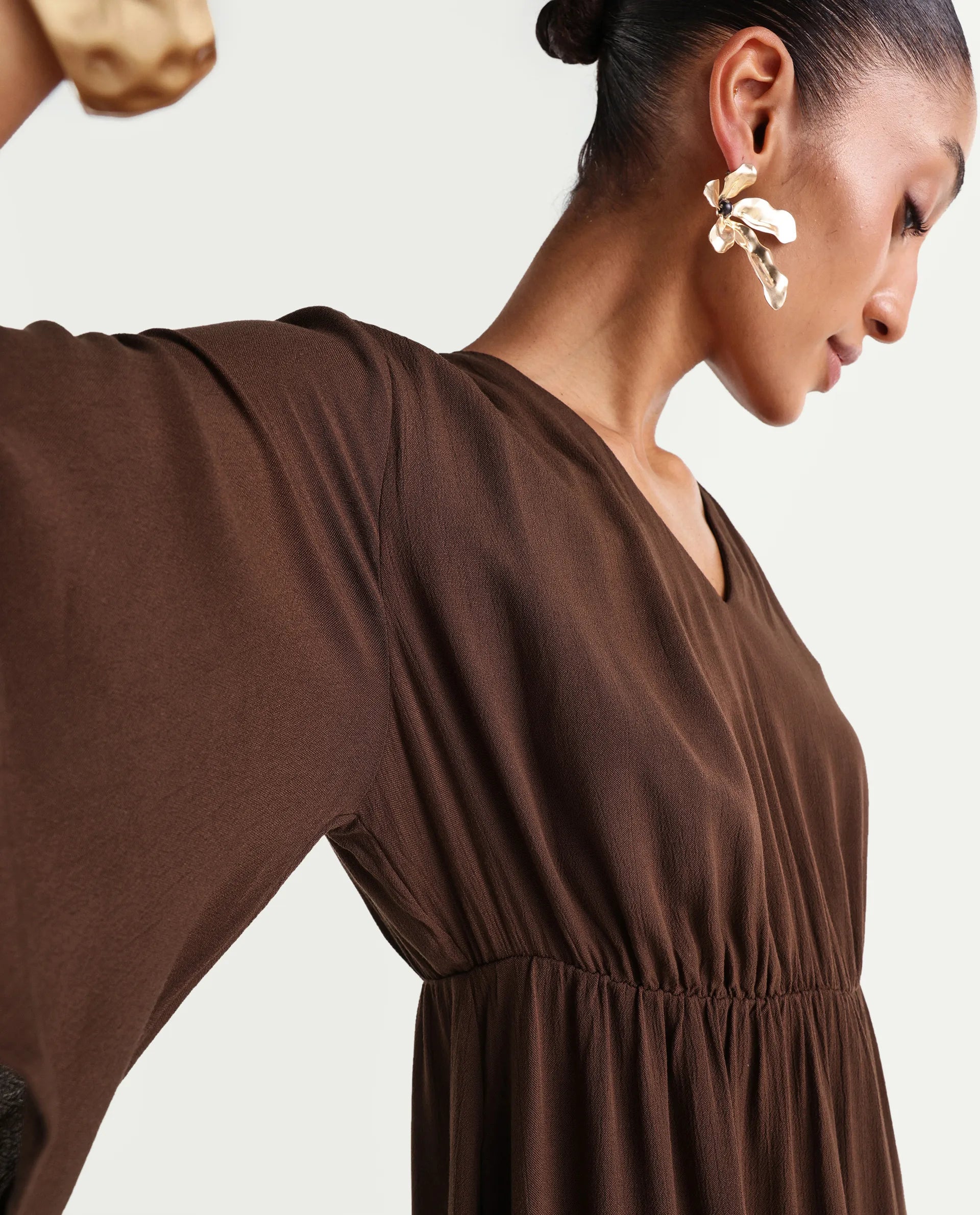 Rareism Women's Valor Brown Viscose V-Neck Flared Plain Dress