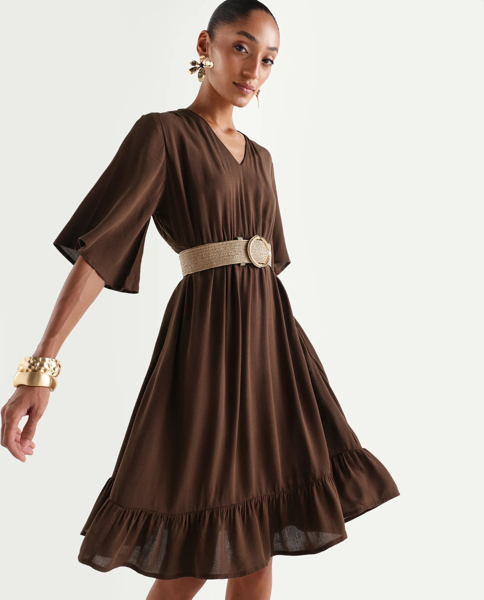Rareism Women's Valor Brown Viscose V-Neck Flared Plain Dress