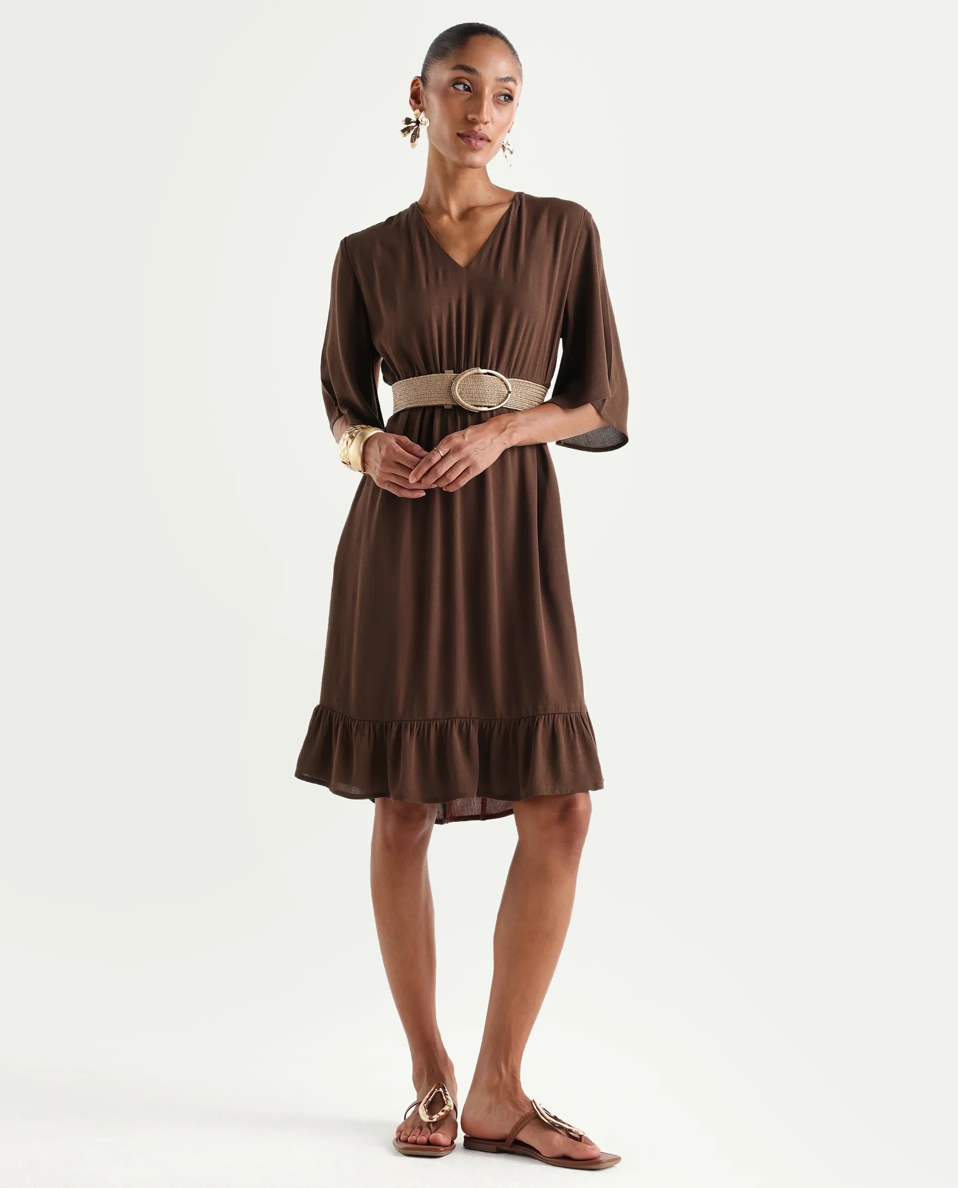 Rareism Women's Valor Brown Viscose V-Neck Flared Plain Dress